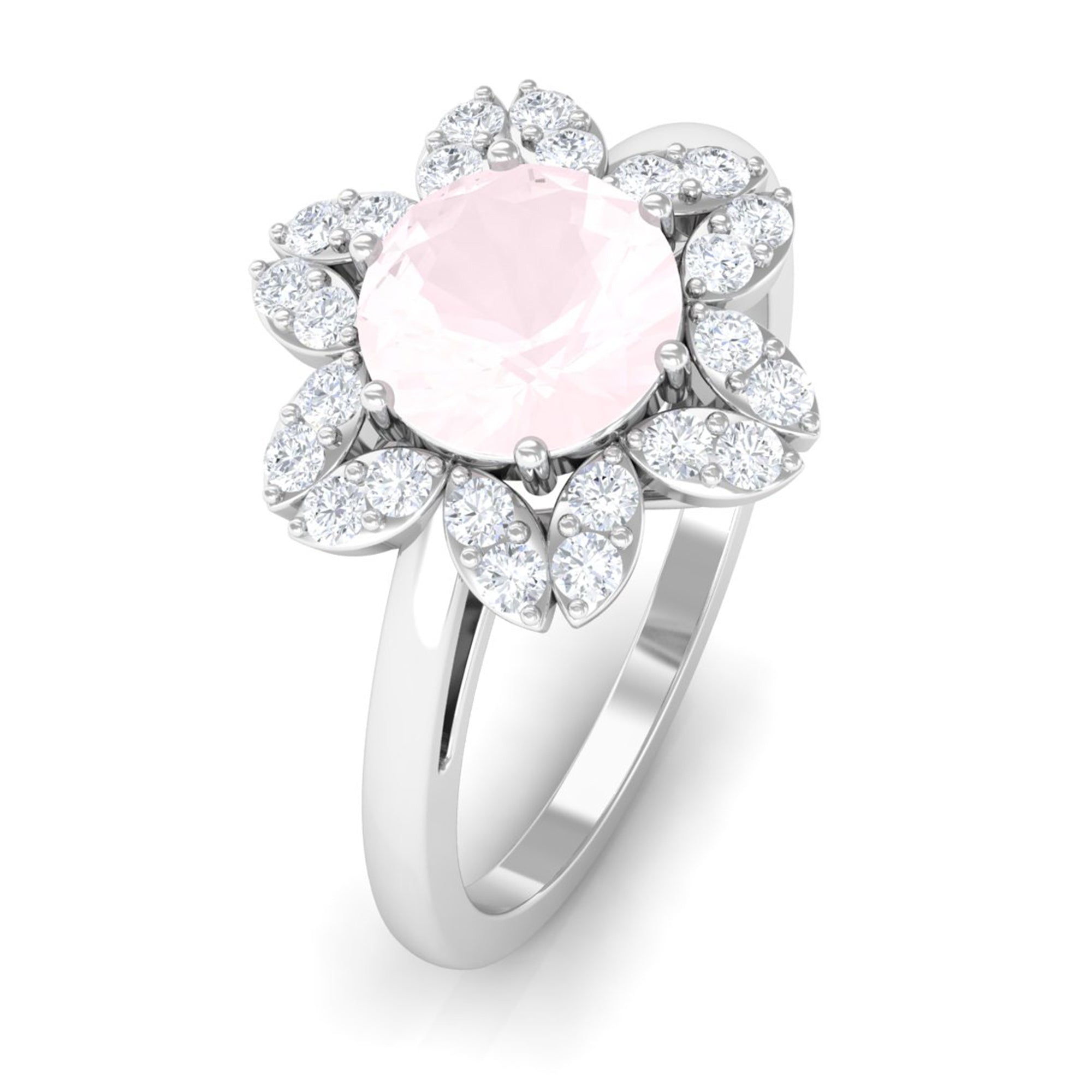 1.75 CT Natural Rose Quartz Floral Ring with Diamond Halo Rose Quartz - ( AAA ) - Quality - Rosec Jewels