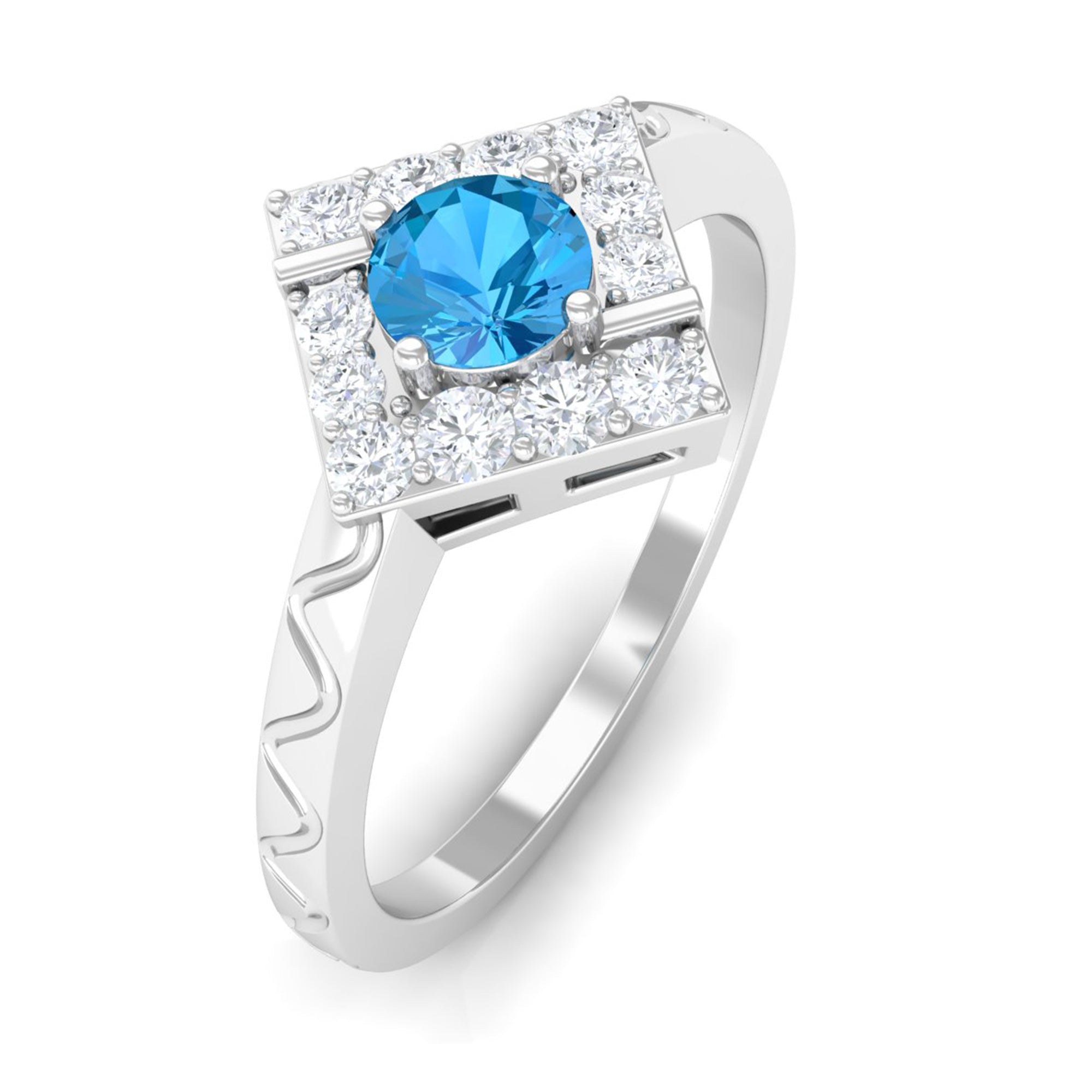 0.50 CT Swiss Blue Topaz Minimal Textured Ring with Diamond Swiss Blue Topaz - ( AAA ) - Quality - Rosec Jewels