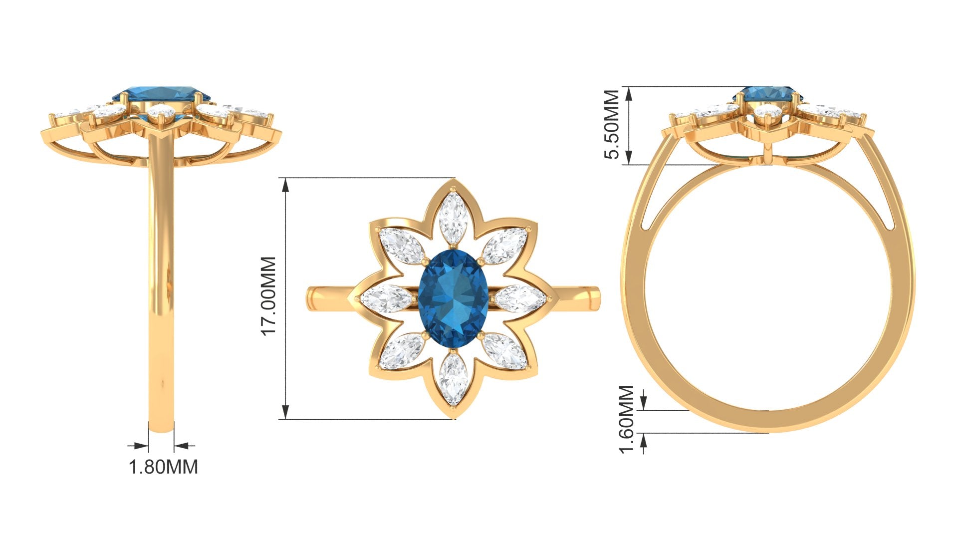 1.50 CT Oval London Blue Topaz and Moissanite Cocktail Flower Ring London Blue Topaz - ( AAA ) - Quality - Rosec Jewels