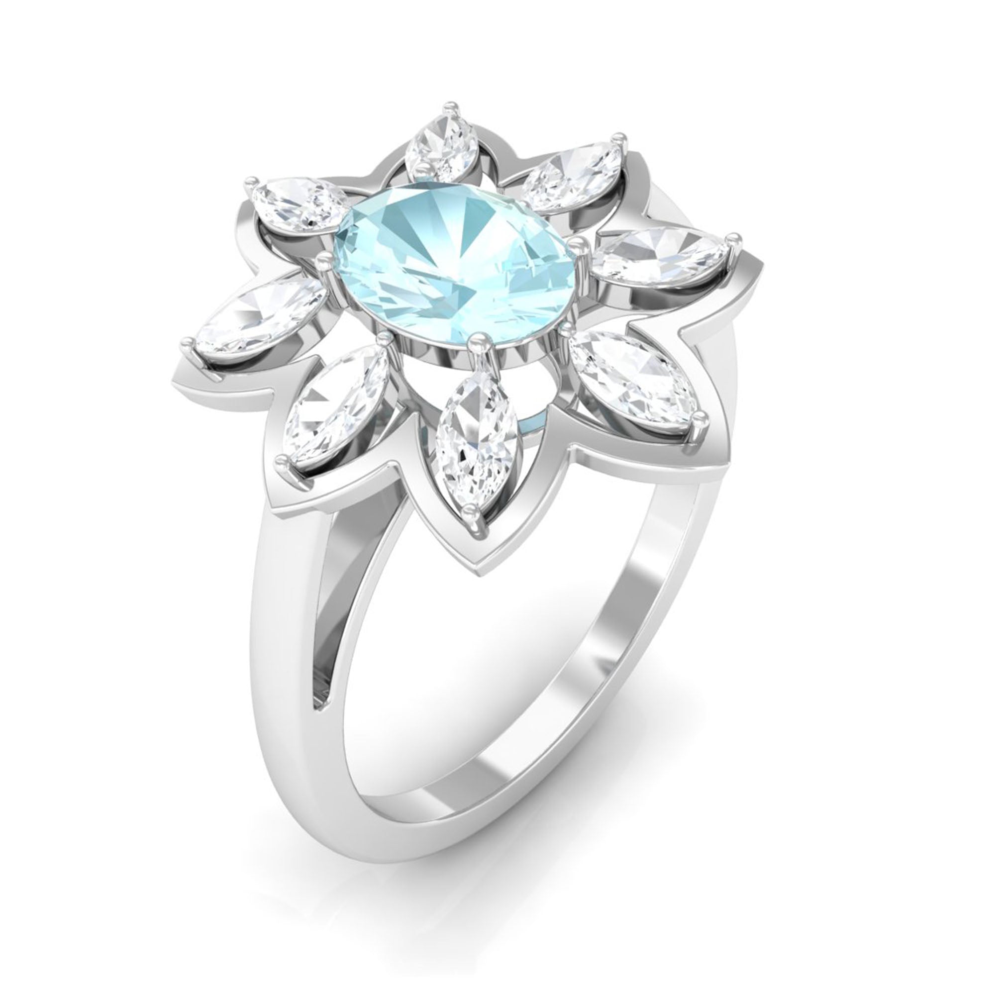 Oval Sky Blue Topaz and Moissanite Cocktail Flower Ring Sky Blue Topaz - ( AAA ) - Quality - Rosec Jewels