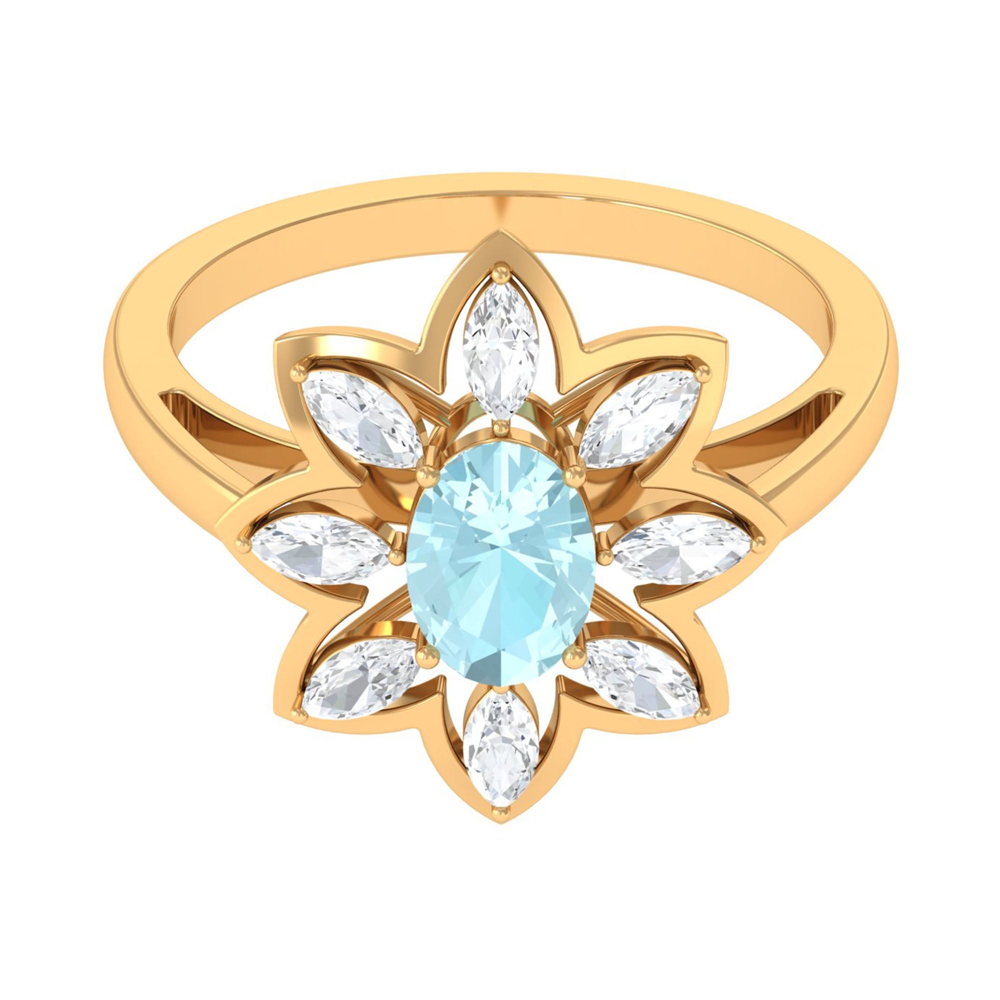 Oval Sky Blue Topaz and Moissanite Cocktail Flower Ring Sky Blue Topaz - ( AAA ) - Quality - Rosec Jewels