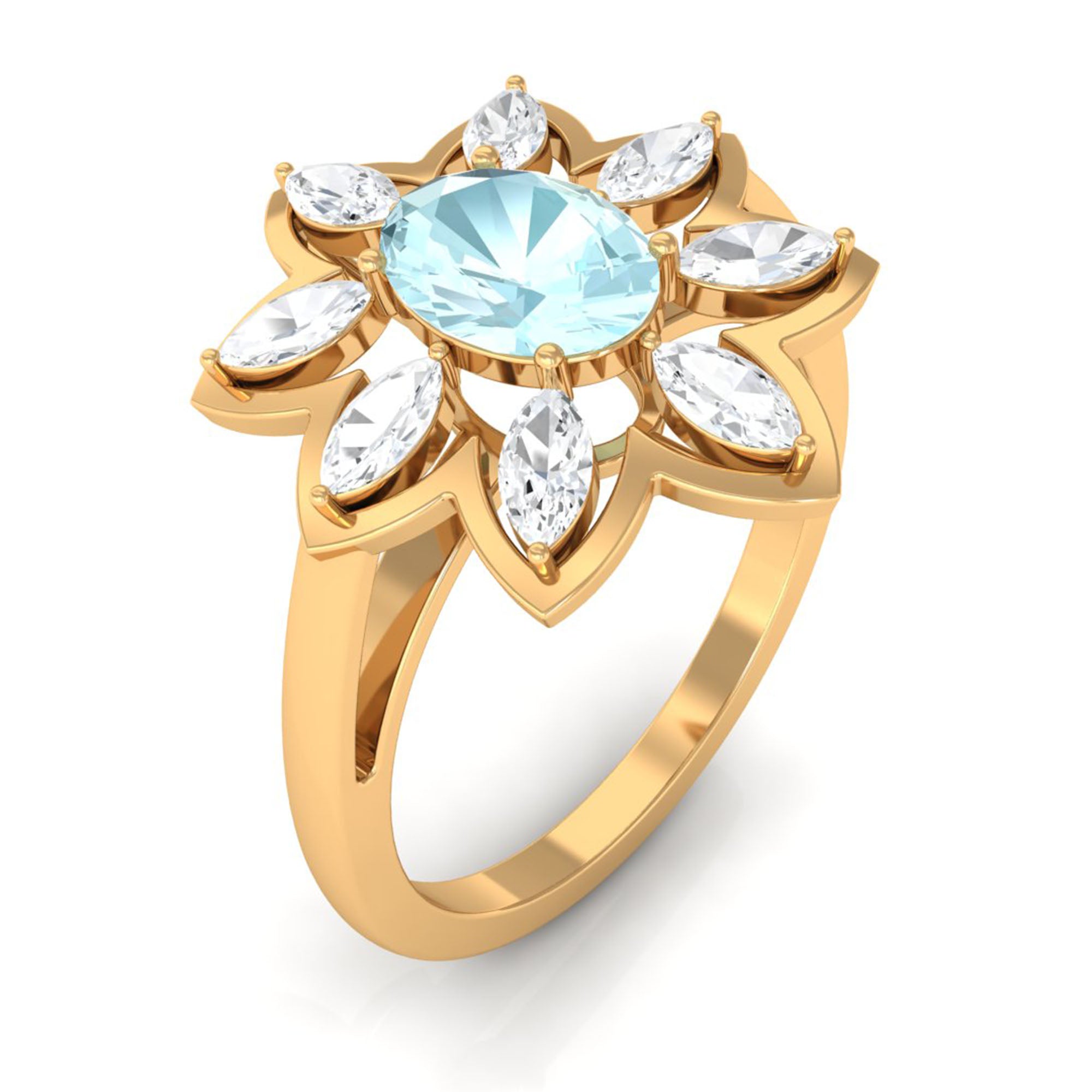 Oval Sky Blue Topaz and Moissanite Cocktail Flower Ring Sky Blue Topaz - ( AAA ) - Quality - Rosec Jewels