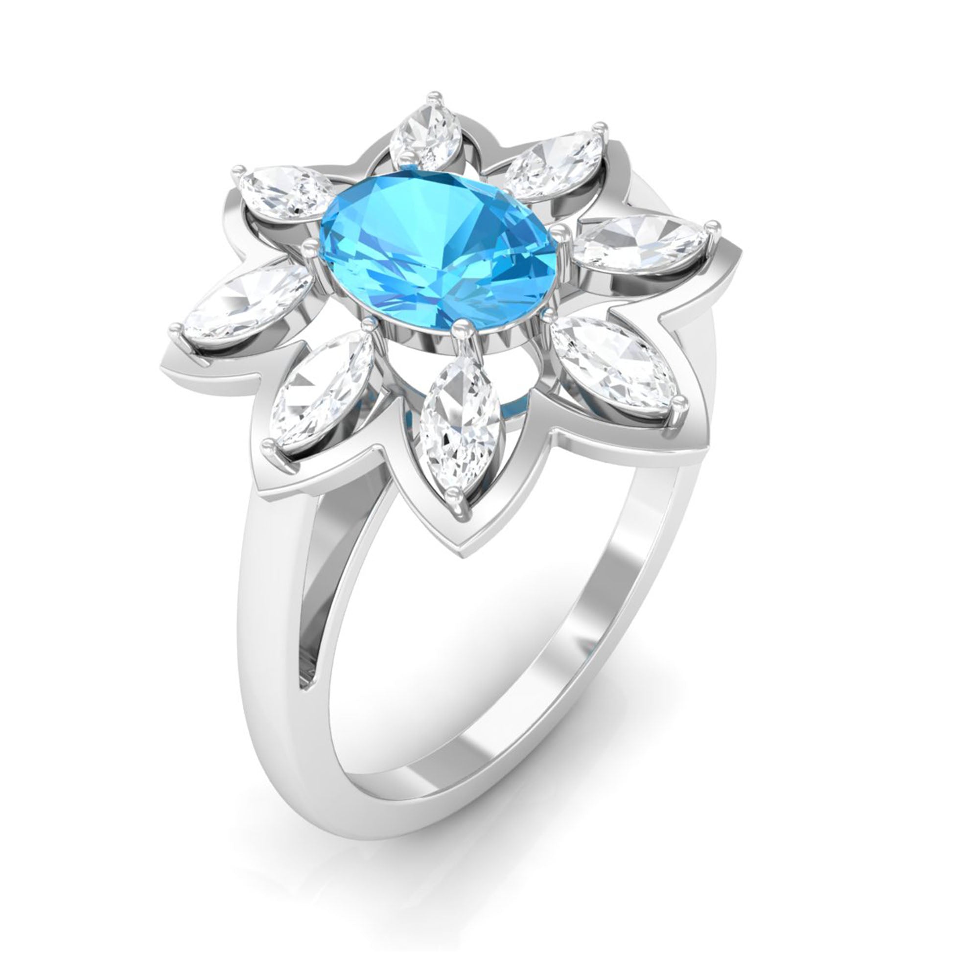 1.25 CT Swiss Blue Topaz Floral Cocktail Ring with Moissanite Swiss Blue Topaz - ( AAA ) - Quality - Rosec Jewels