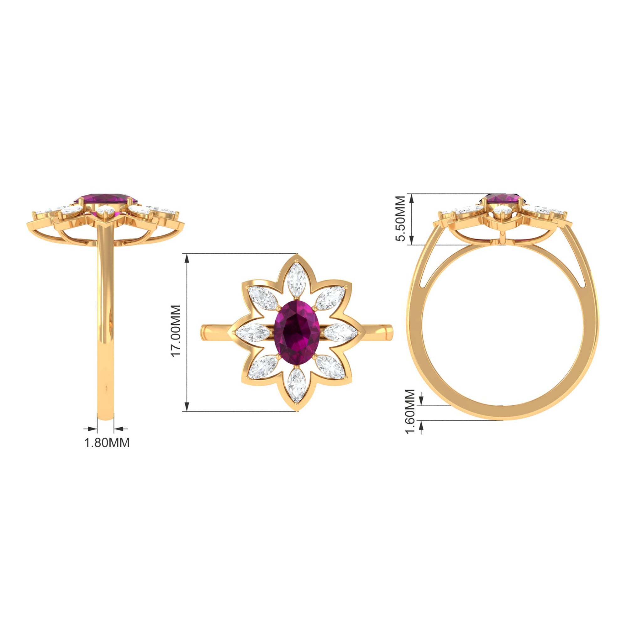 1.75 CT Natural Rhodolite Cocktail Ring Moissanite Stones Rhodolite - ( AAA ) - Quality - Rosec Jewels