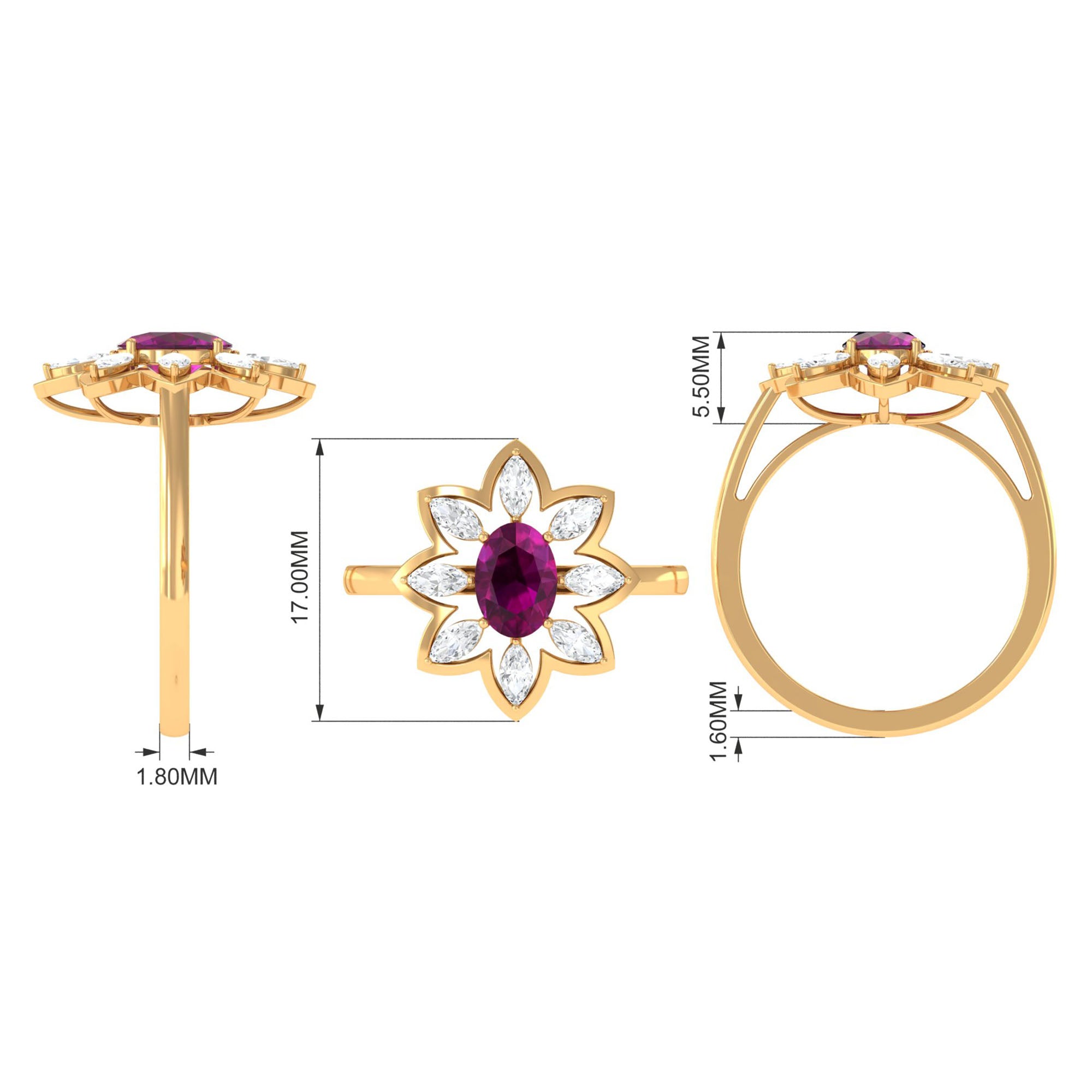 1.75 CT Natural Rhodolite Cocktail Ring Moissanite Stones Rhodolite - ( AAA ) - Quality - Rosec Jewels