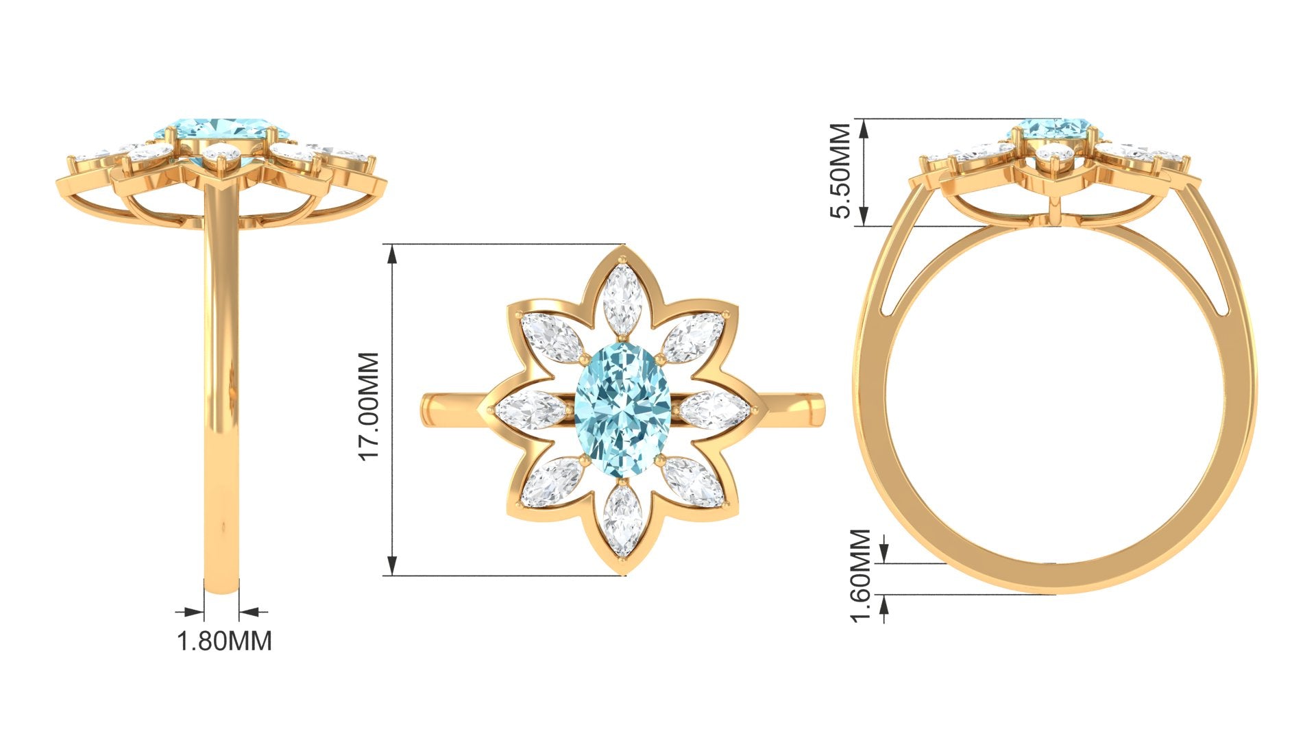 1.25 Ct Oval Aquamarine Flower Cocktail Ring with Moissanite Aquamarine - ( AAA ) - Quality - Rosec Jewels