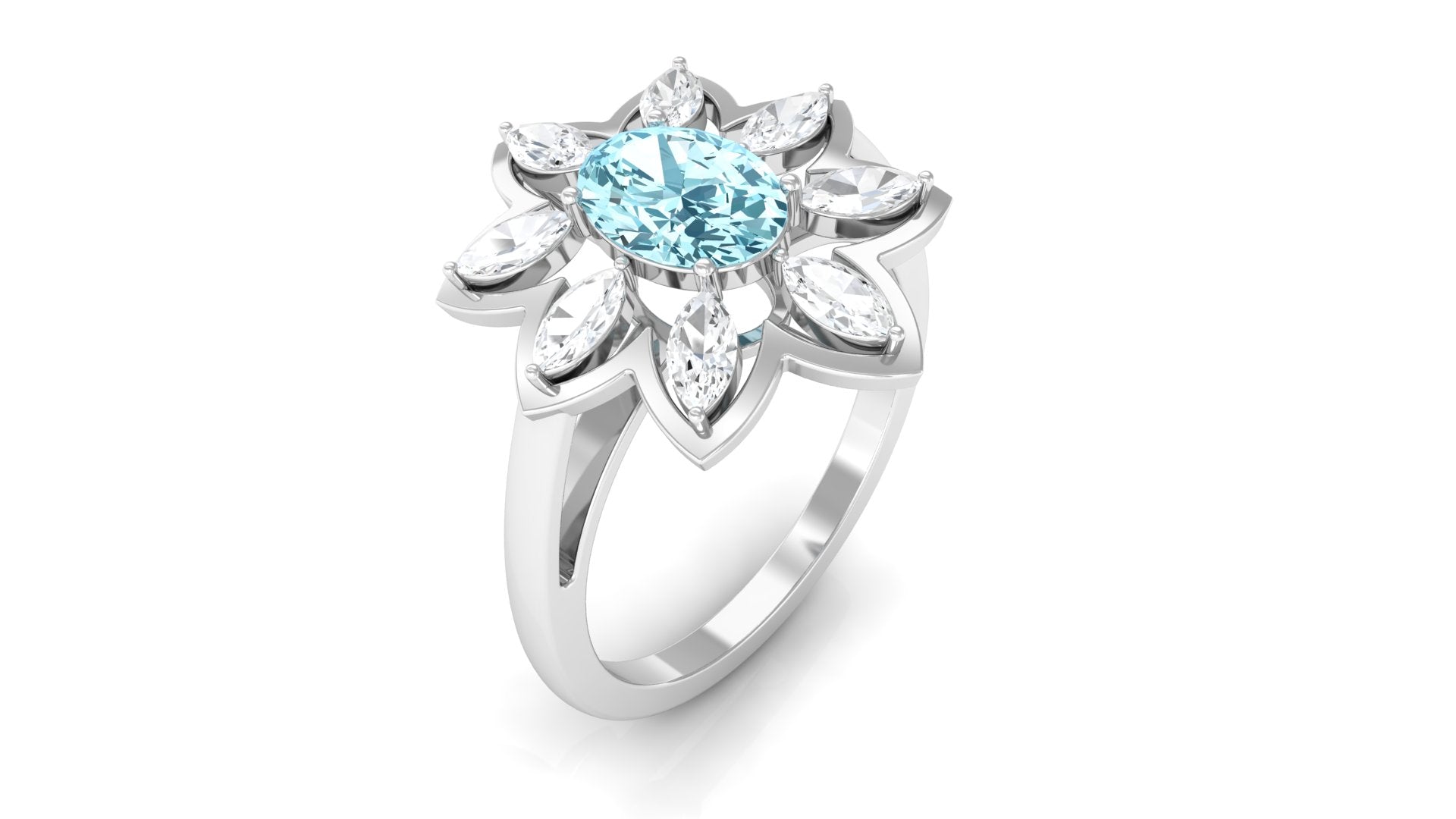 1.25 Ct Oval Aquamarine Flower Cocktail Ring with Moissanite Aquamarine - ( AAA ) - Quality - Rosec Jewels