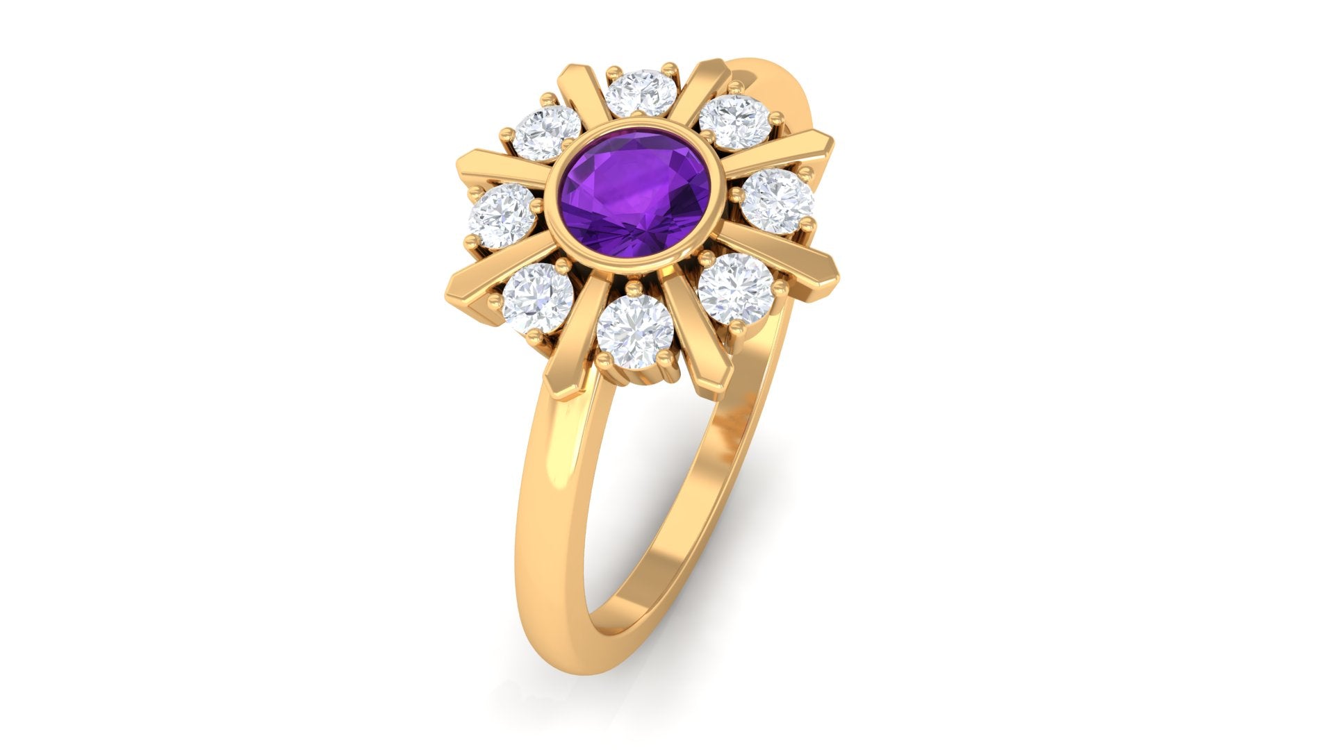 Bezel Set Amethyst Statement Ring with Diamond Amethyst - ( AAA ) - Quality - Rosec Jewels