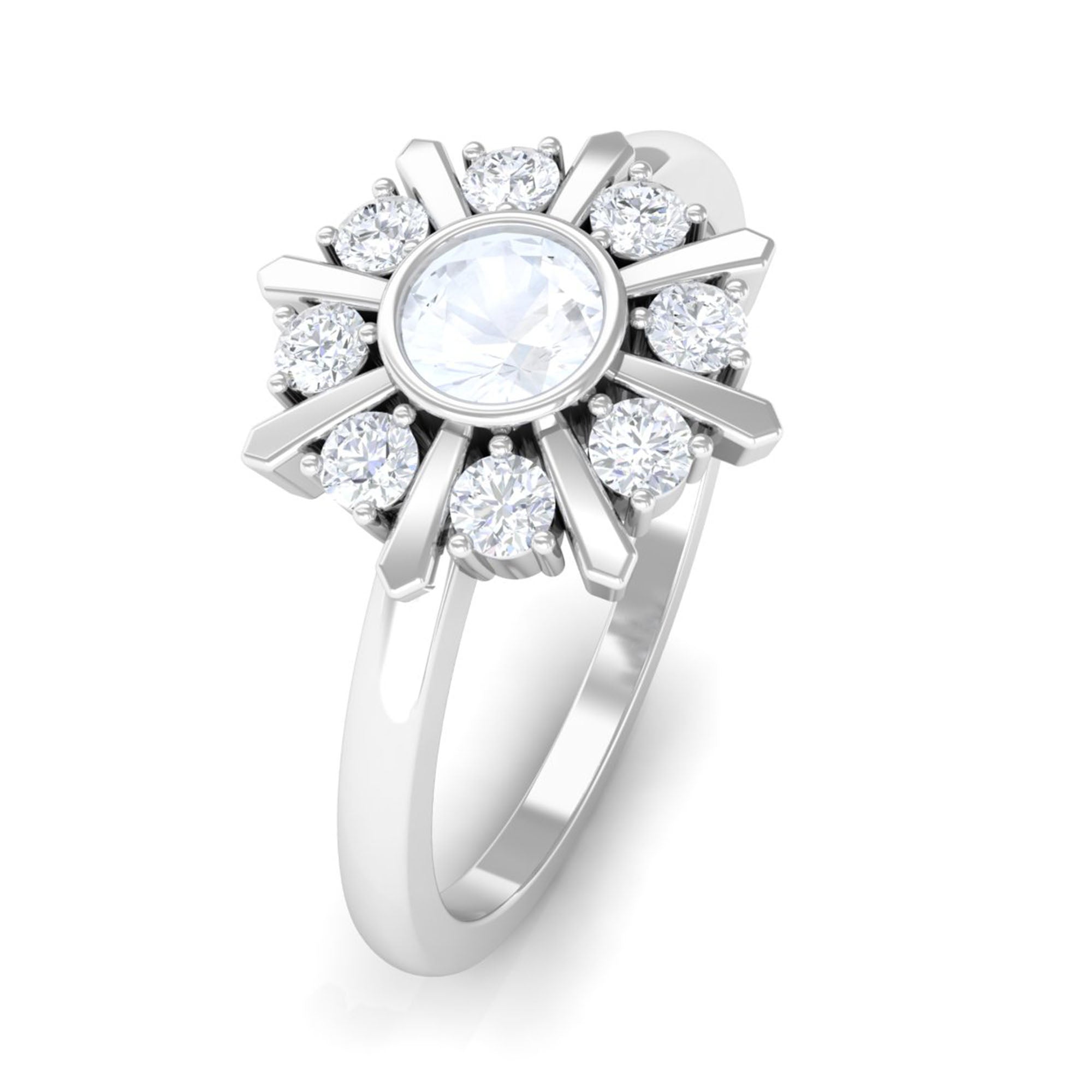 3/4 Carat Bezel Set Moonstone and Diamond Statement Ring Moonstone - ( AAA ) - Quality - Rosec Jewels