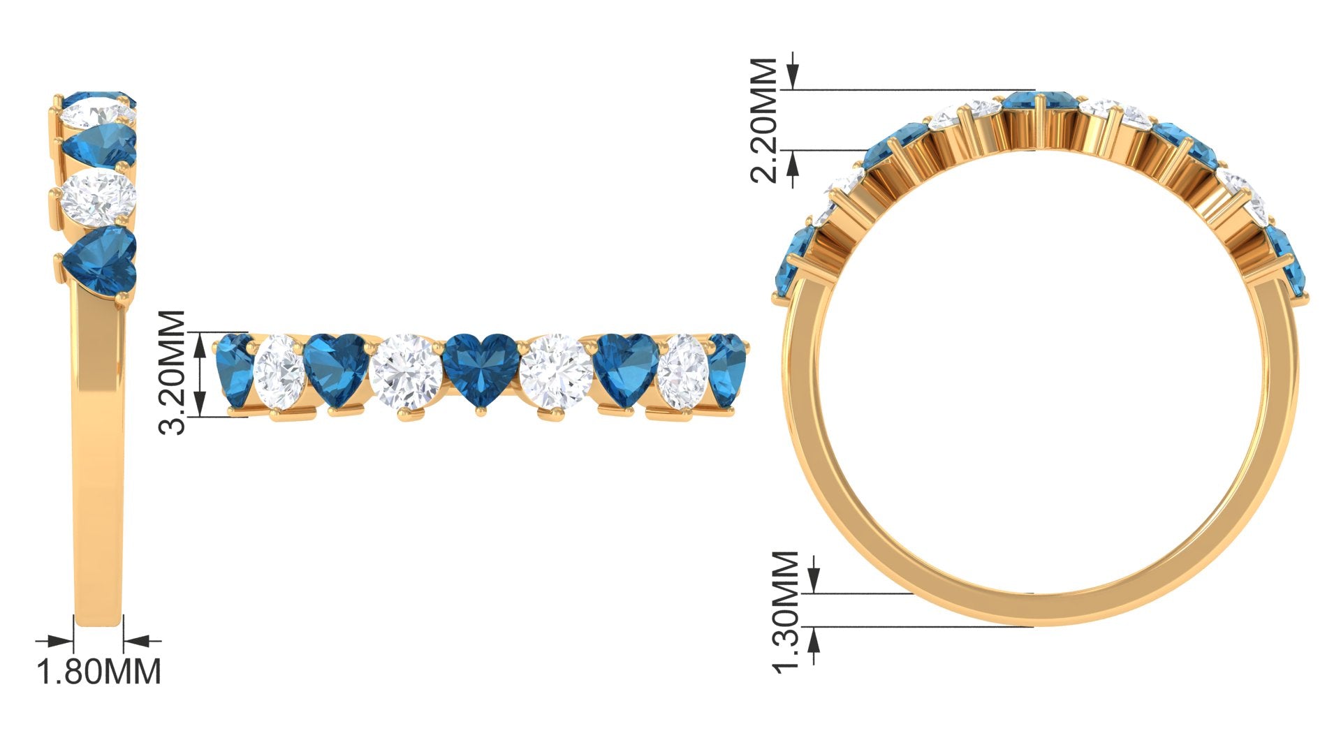 Heart Shape London Blue Topaz and Moissanite Half Eternity Ring London Blue Topaz - ( AAA ) - Quality - Rosec Jewels