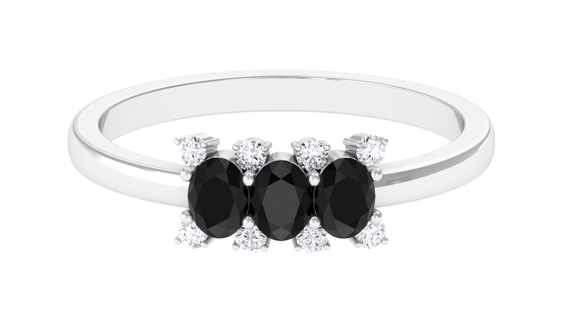 1/2 CT Oval Black Onyx Three Stone Promise Ring with Diamond Black Onyx - ( AAA ) - Quality - Rosec Jewels