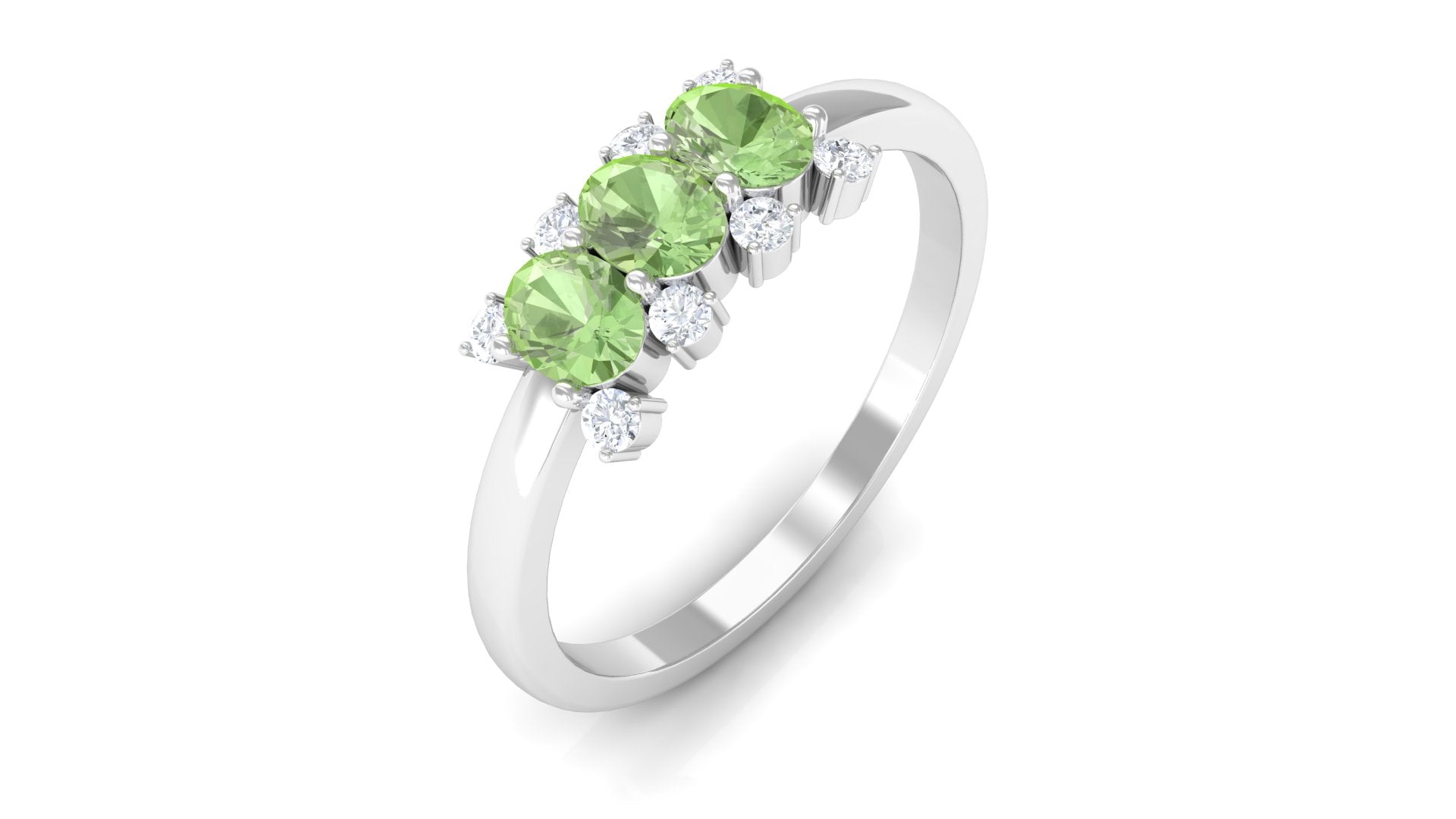 Oval Green Sapphire Three Stone Ring with Diamond Green Sapphire - ( AAA ) - Quality - Rosec Jewels