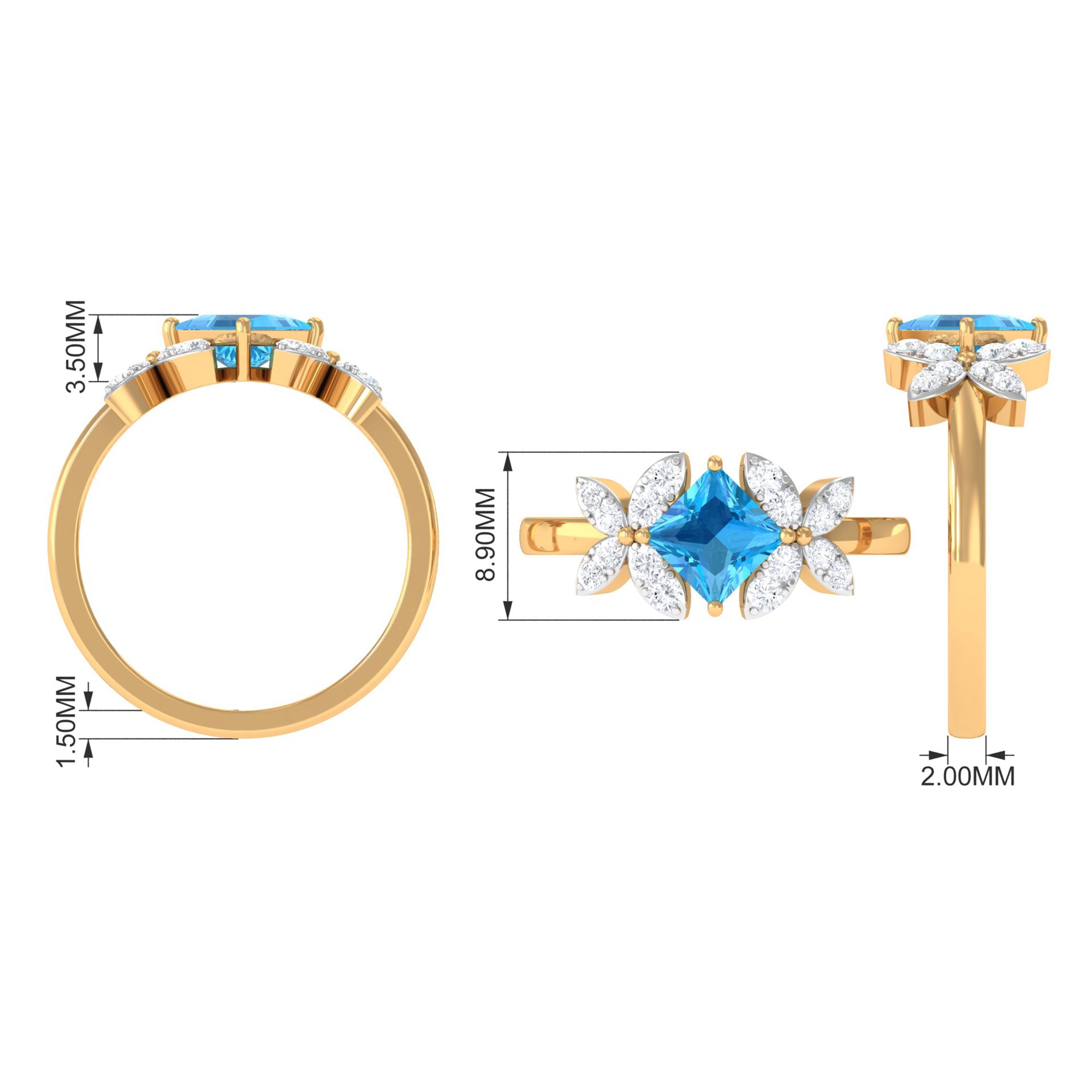 Floral Inspired Swiss Blue Topaz Engagement Ring with Diamond Swiss Blue Topaz - ( AAA ) - Quality - Rosec Jewels