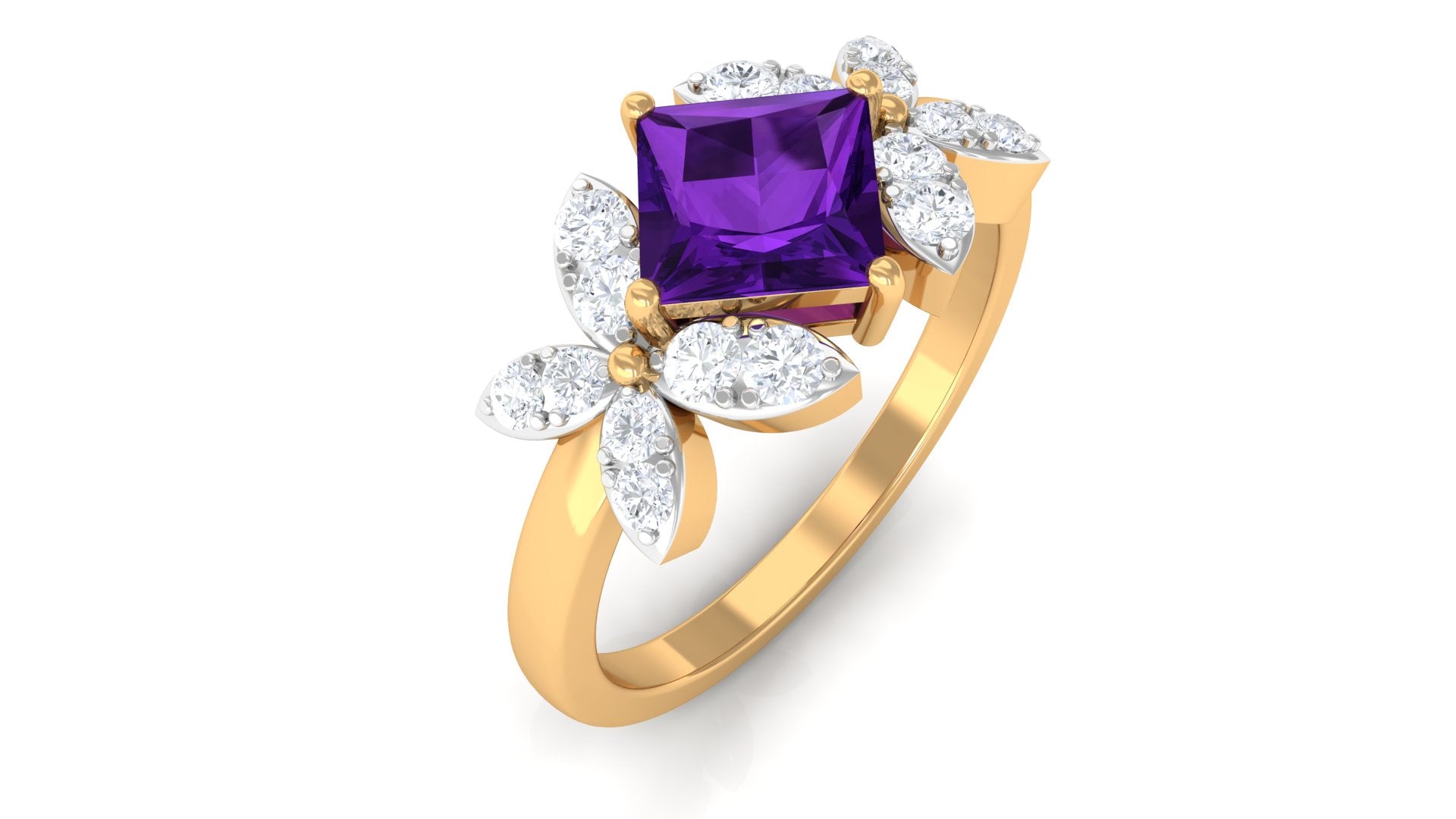 Princess Cut Amethyst Floral Engagement Ring with Diamond Amethyst - ( AAA ) - Quality - Rosec Jewels