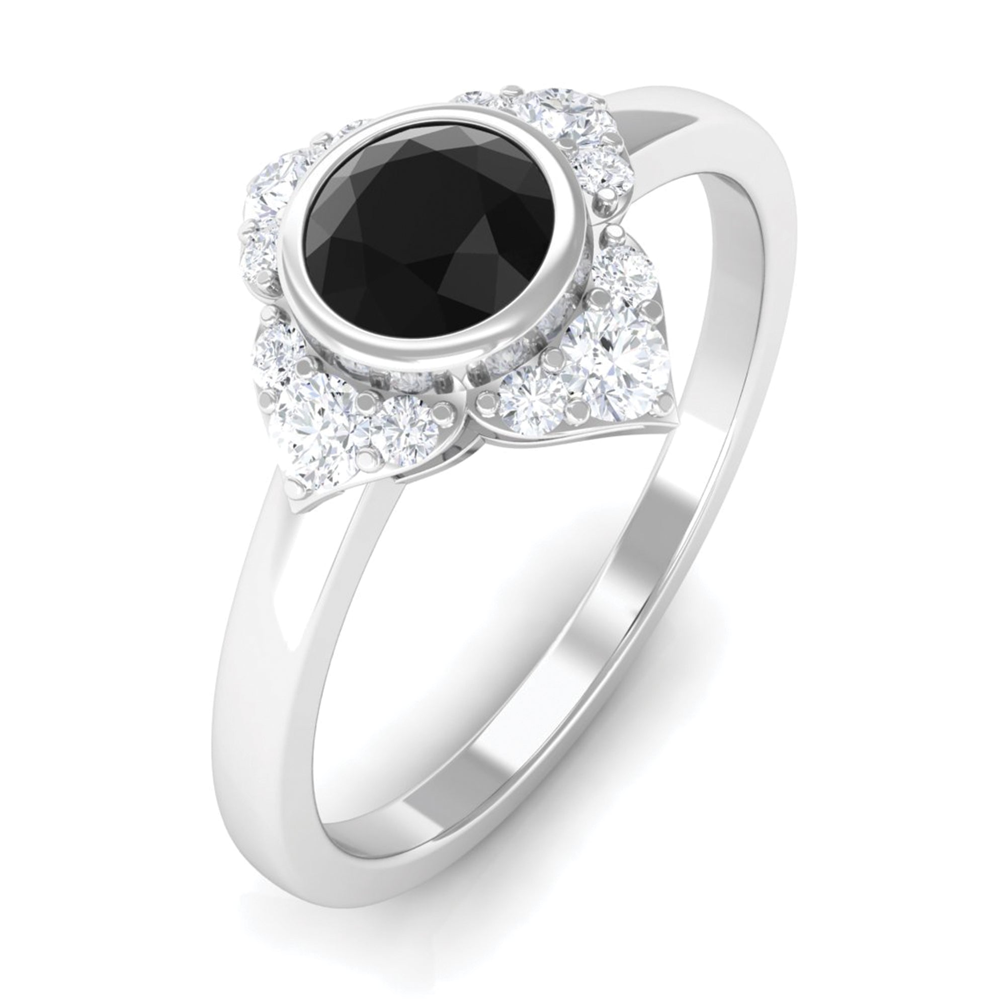 Bezel Set Black Diamond Flower Engagement Ring with Diamond Black Diamond - ( AAA ) - Quality - Rosec Jewels