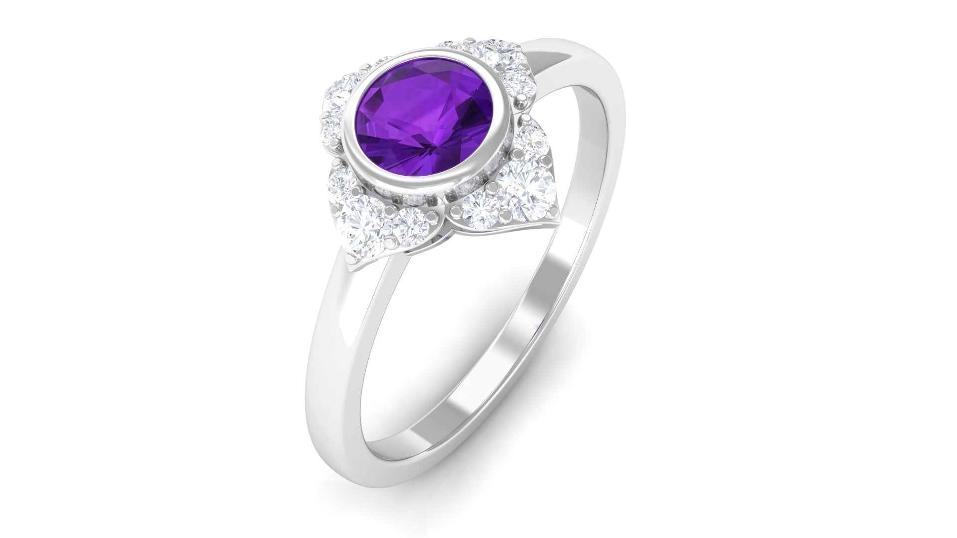 3/4 CT Bezel Set Amethyst Flower Engagement Ring with Diamond Amethyst - ( AAA ) - Quality - Rosec Jewels