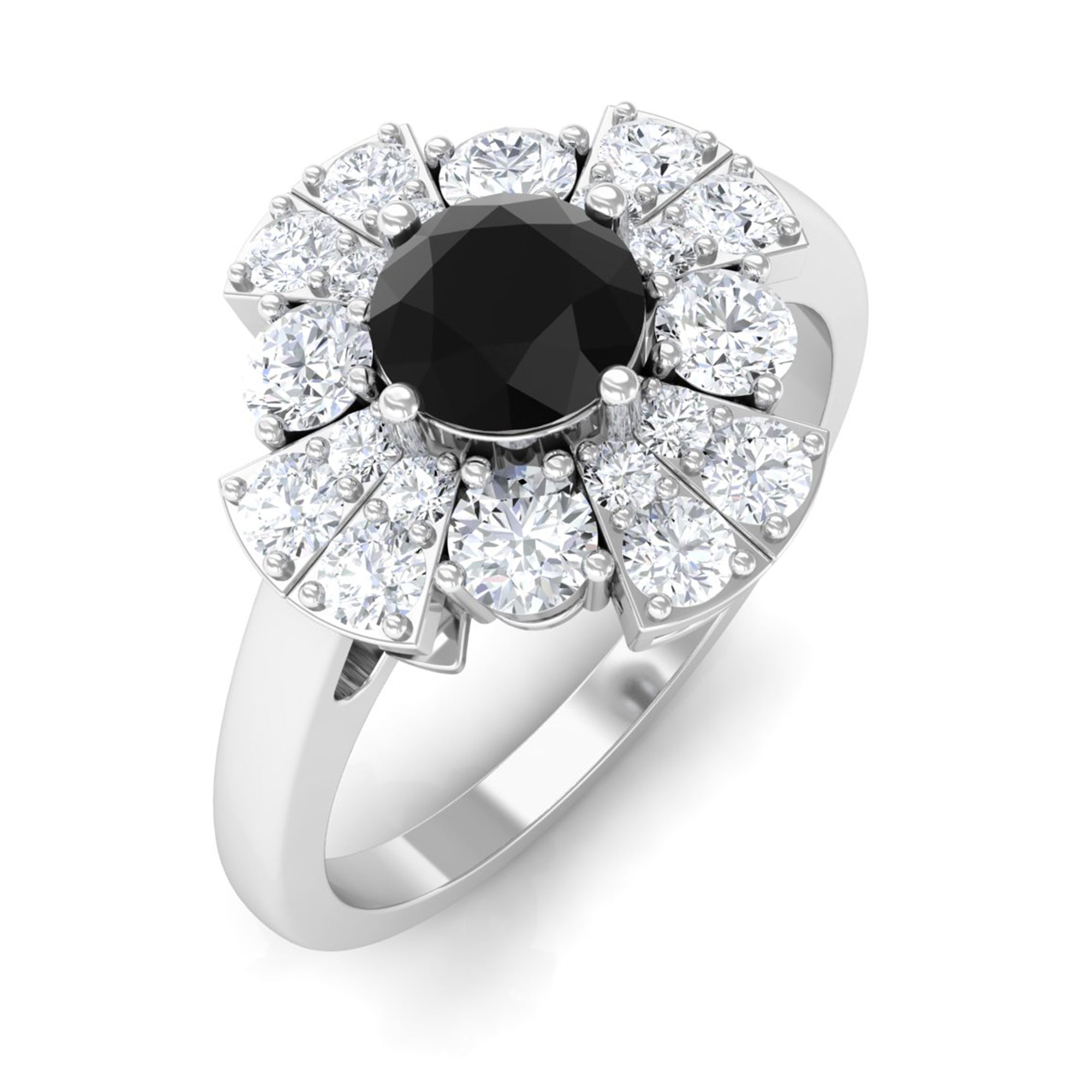 Black Spinel and Moissanite Flower Engagement Ring Black Spinel - ( AAA ) - Quality - Rosec Jewels