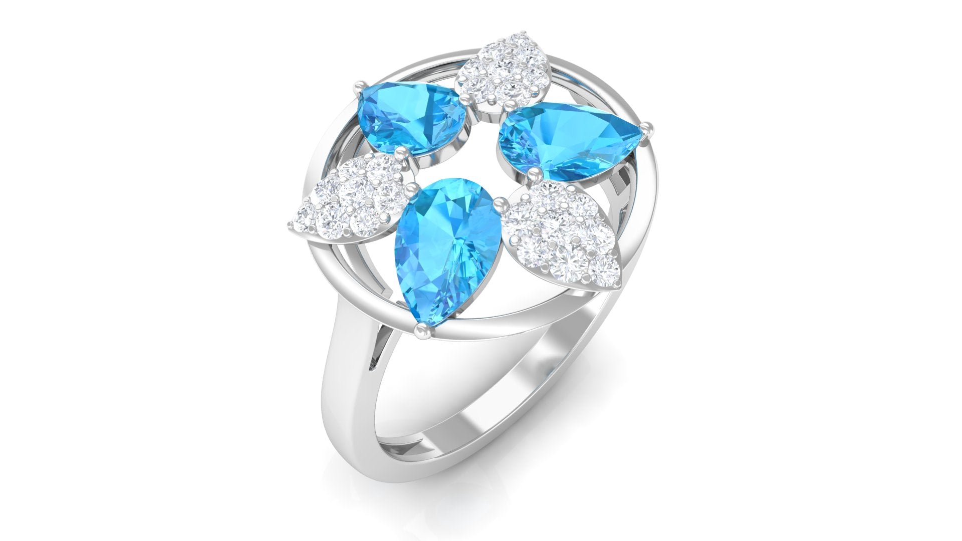 Swiss Blue Topaz Floral Cocktail Ring with Diamond Swiss Blue Topaz - ( AAA ) - Quality - Rosec Jewels