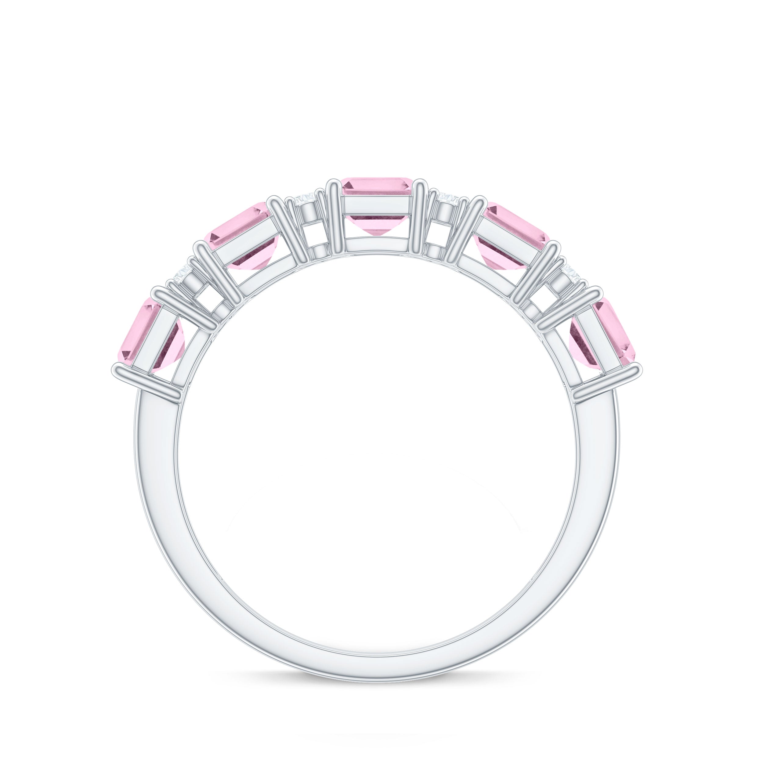 Asscher Cut Rose Quartz and Diamond Classic Band Ring Rose Quartz - ( AAA ) - Quality - Rosec Jewels