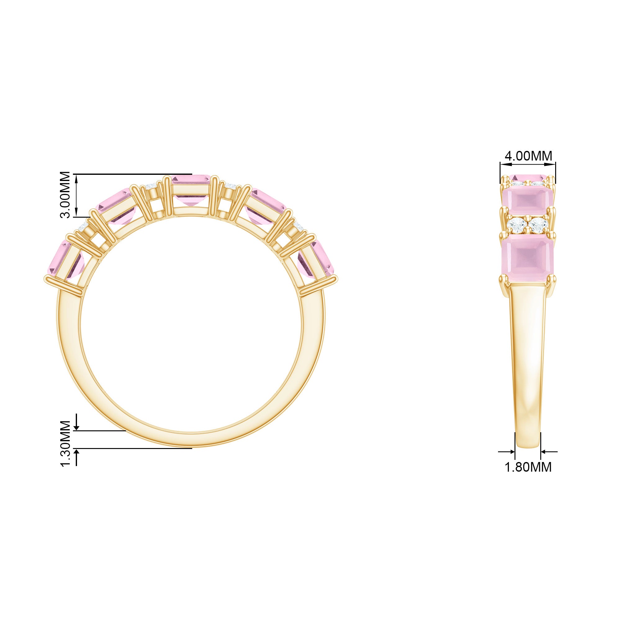 Asscher Cut Rose Quartz and Diamond Classic Band Ring Rose Quartz - ( AAA ) - Quality - Rosec Jewels