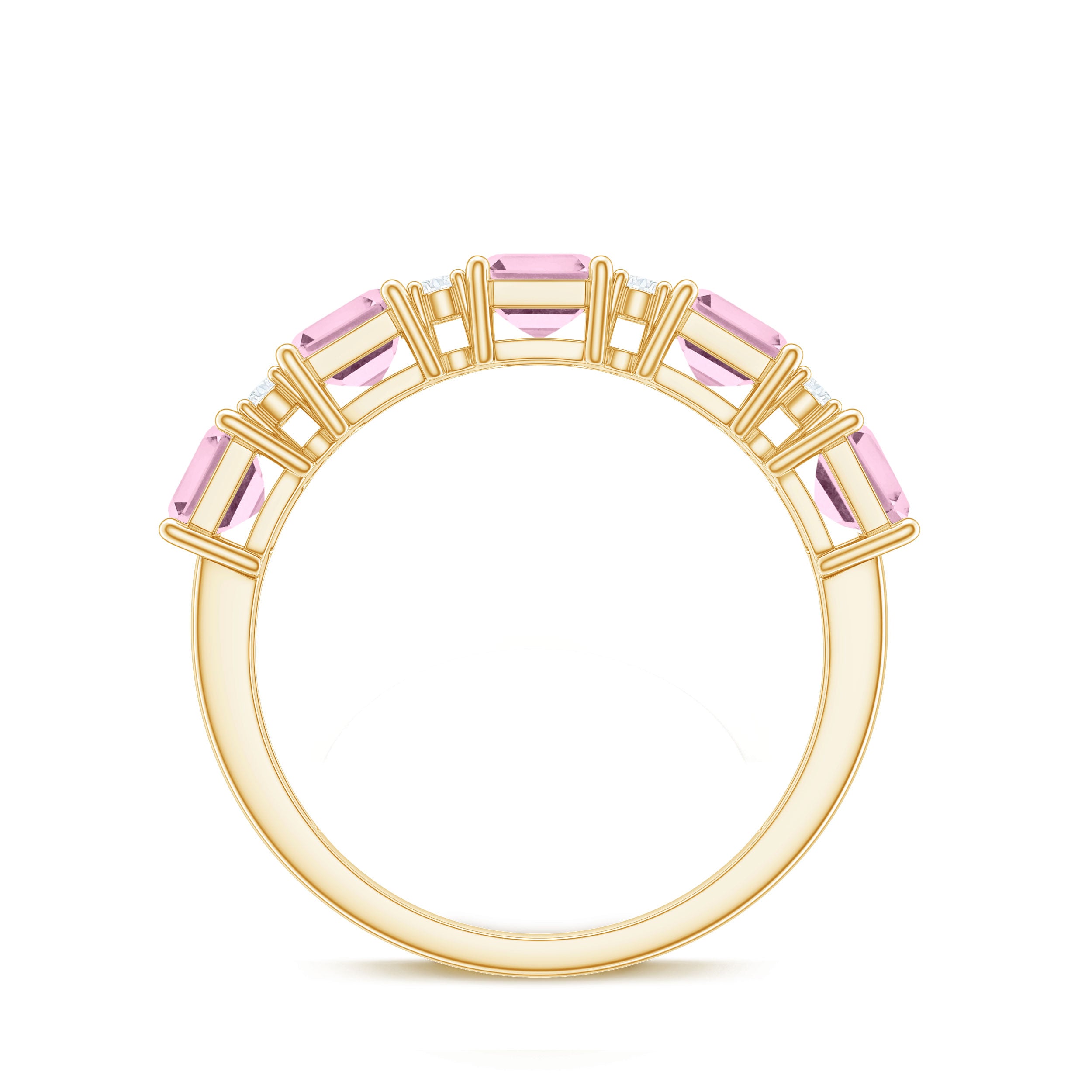 Asscher Cut Rose Quartz and Diamond Classic Band Ring Rose Quartz - ( AAA ) - Quality - Rosec Jewels