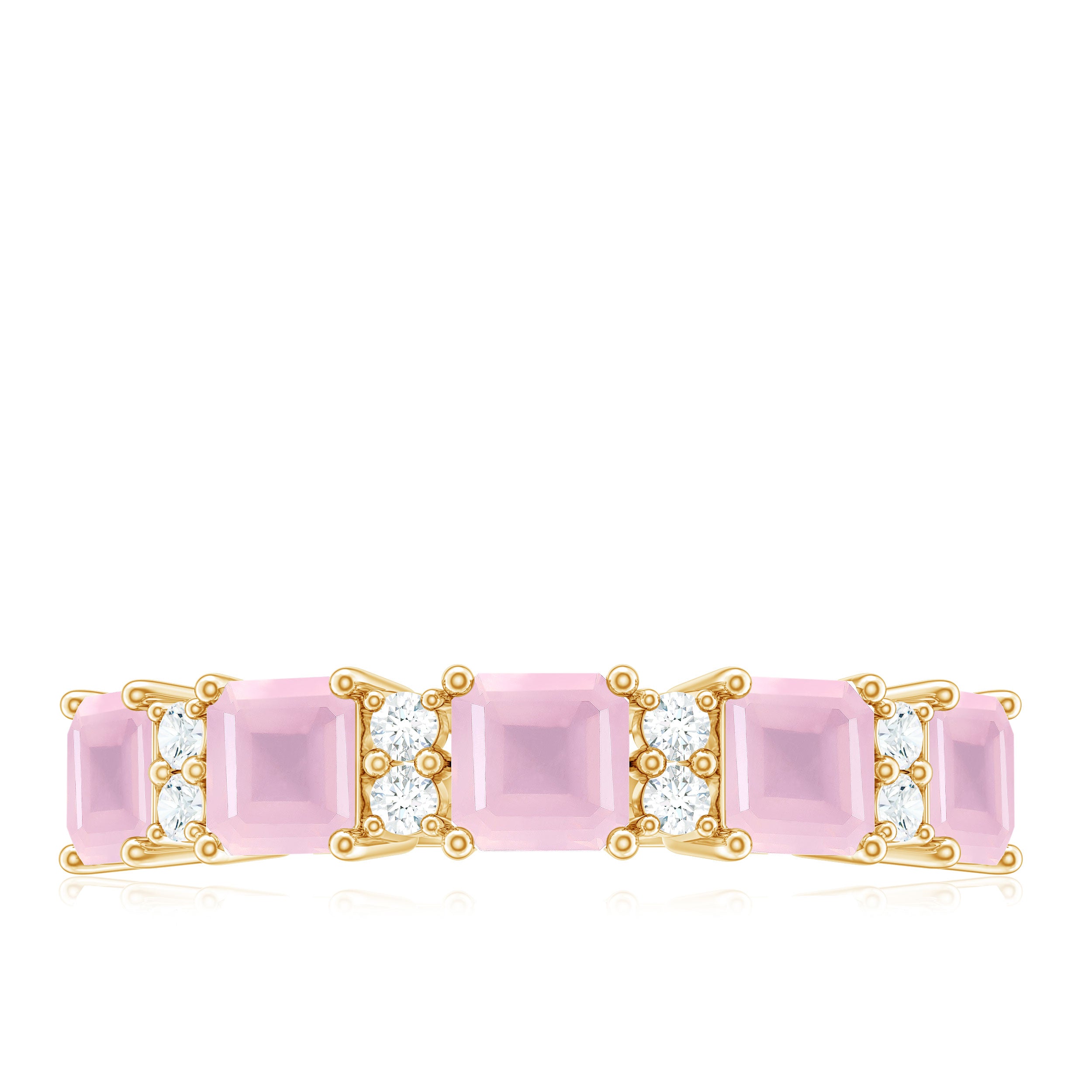 Asscher Cut Rose Quartz and Diamond Classic Band Ring Rose Quartz - ( AAA ) - Quality - Rosec Jewels