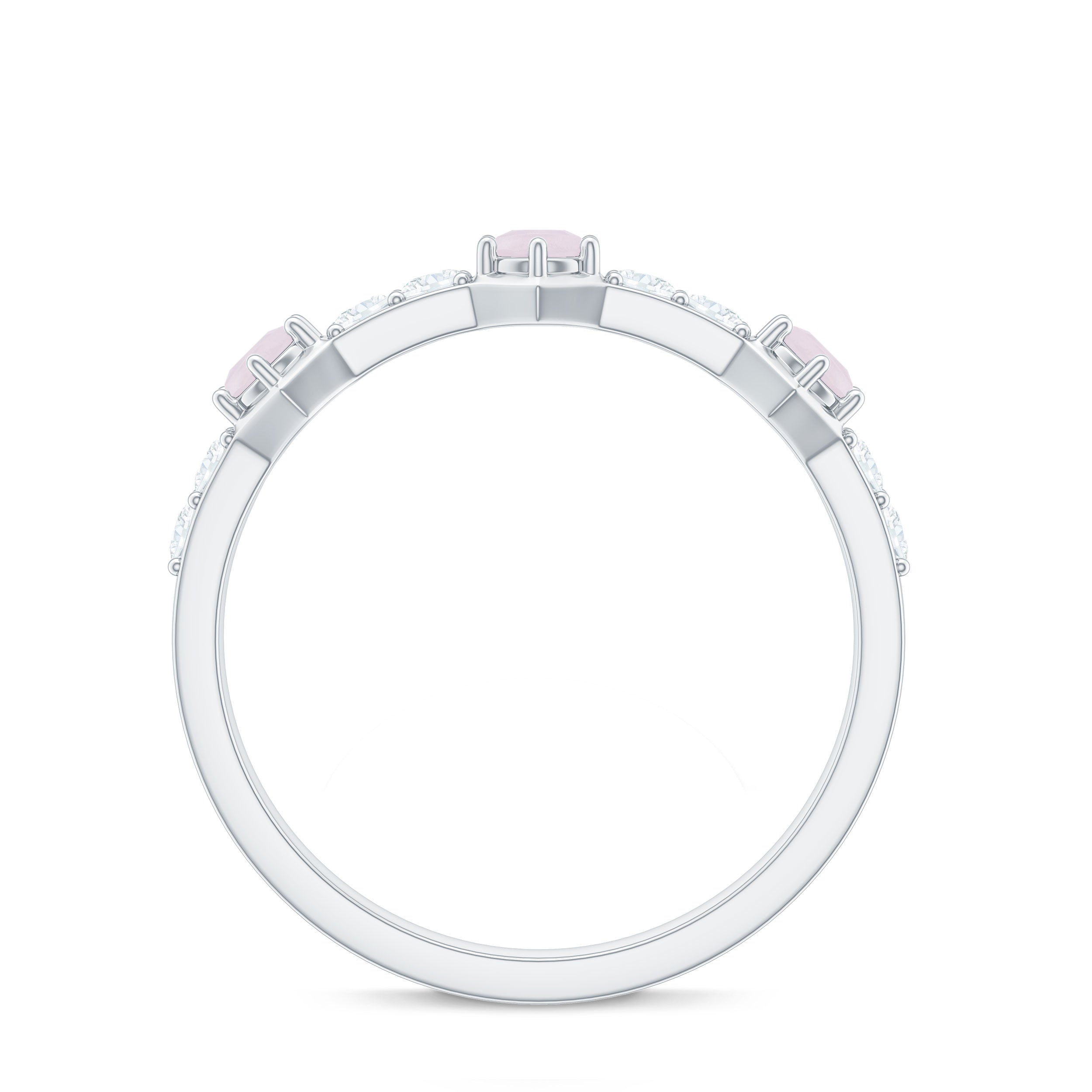 Minimal Half Eternity Ring with Rose Quartz and Diamond Rose Quartz - ( AAA ) - Quality - Rosec Jewels