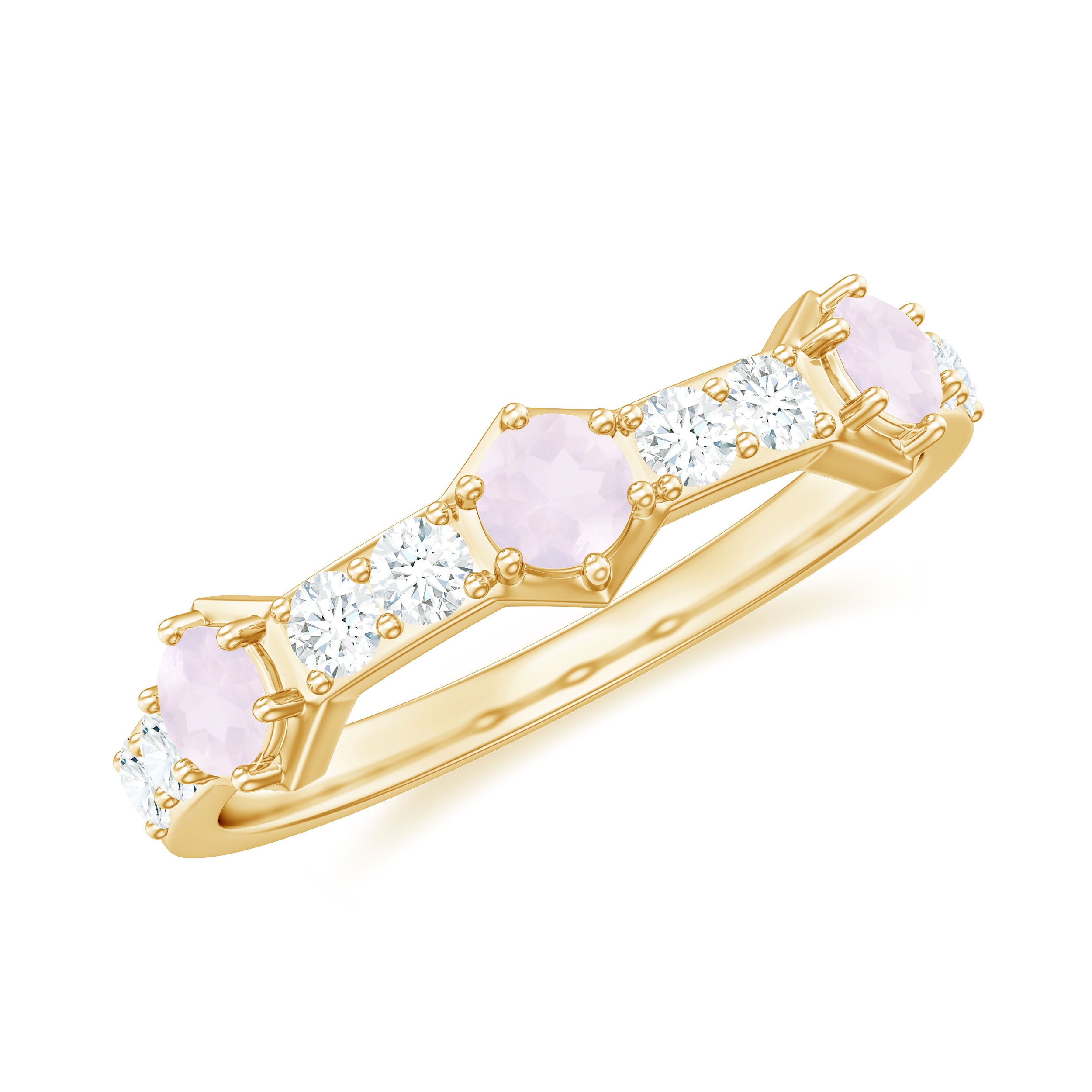 Minimal Half Eternity Ring with Rose Quartz and Diamond Rose Quartz - ( AAA ) - Quality - Rosec Jewels