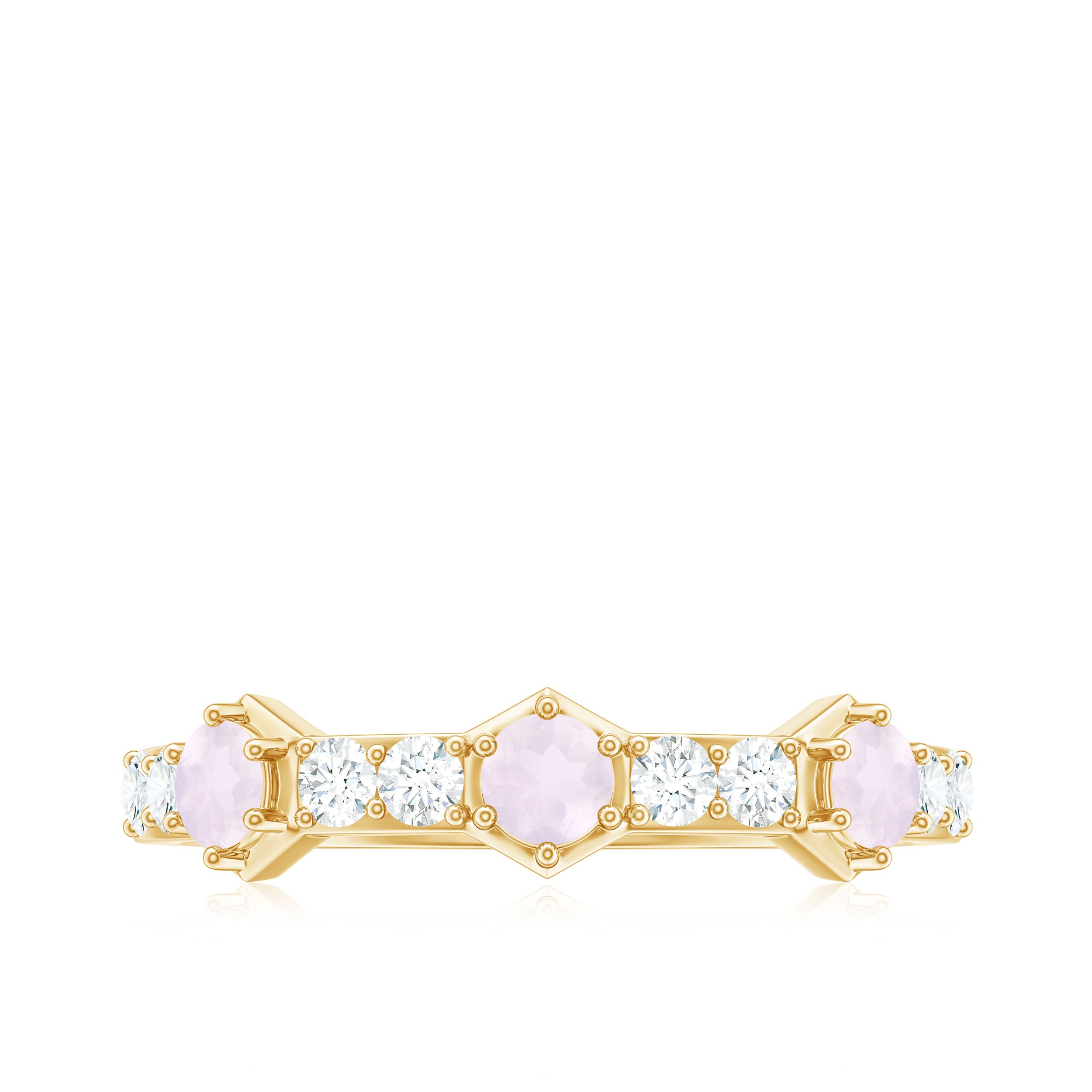 Minimal Half Eternity Ring with Rose Quartz and Diamond Rose Quartz - ( AAA ) - Quality - Rosec Jewels