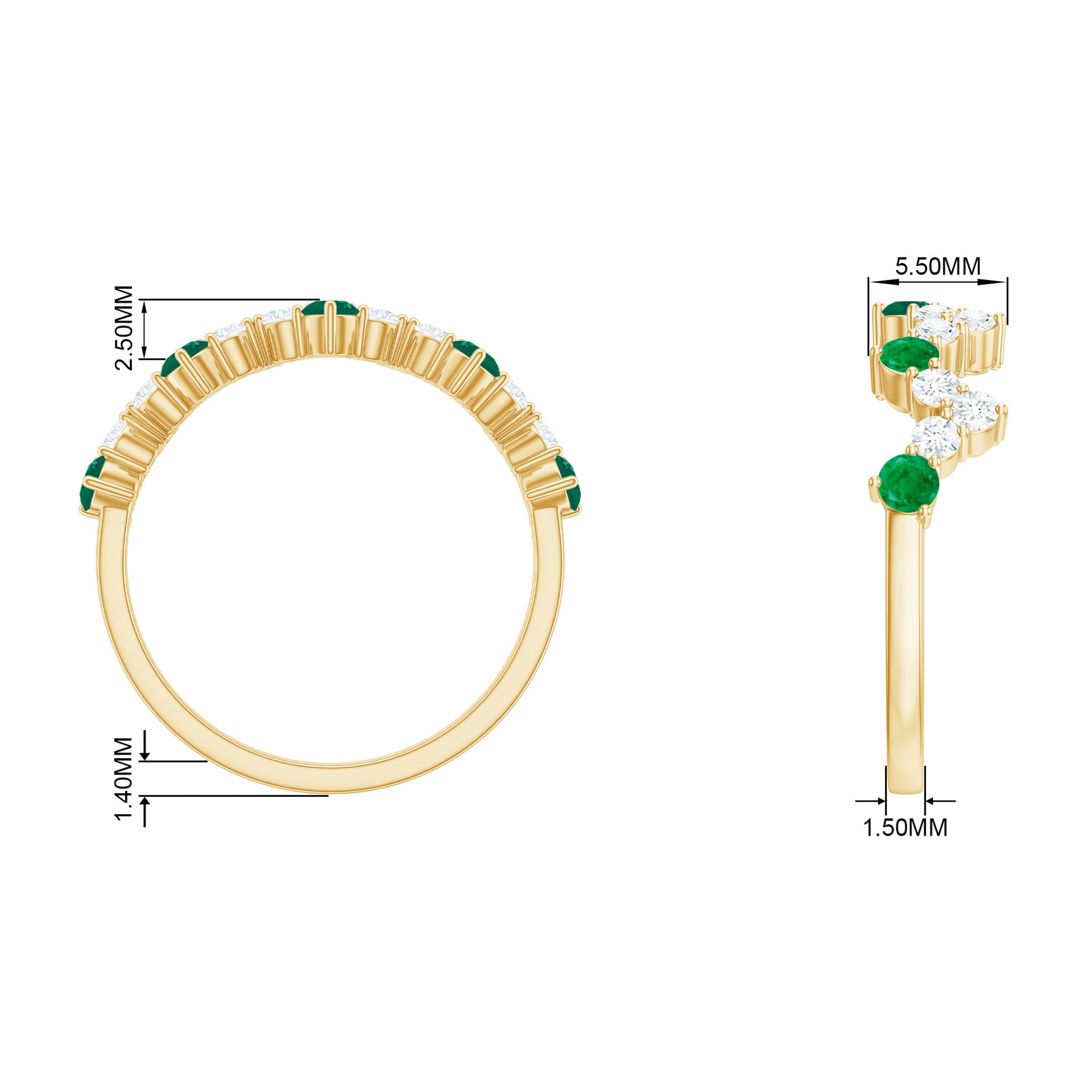 Zigzag Half Eternity Ring with Emerald and Diamond Emerald - ( AAA ) - Quality - Rosec Jewels