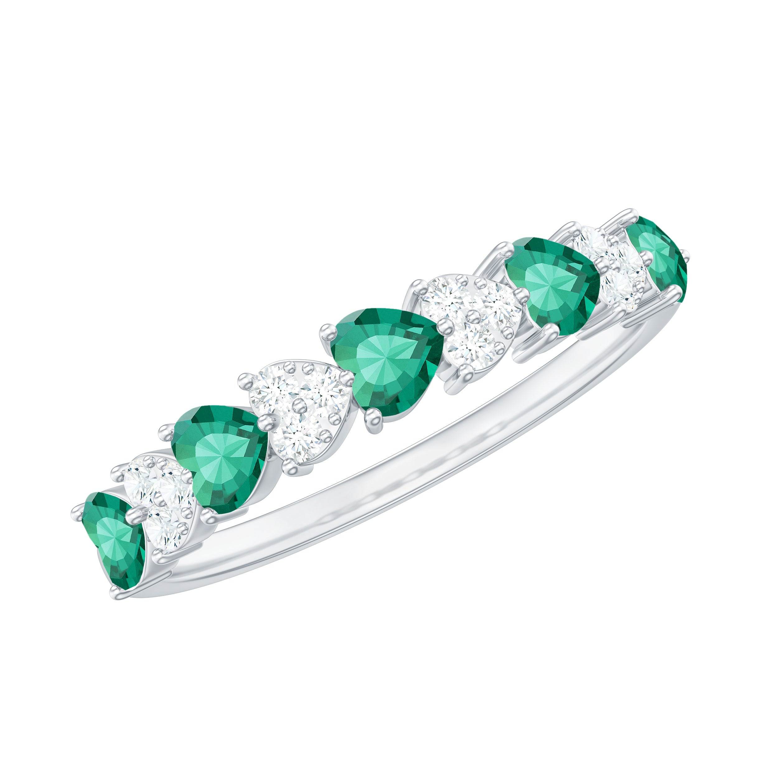 Heart Shape Created Emerald and Diamond Half Eternity Ring Lab Created Emerald - ( AAAA ) - Quality - Rosec Jewels