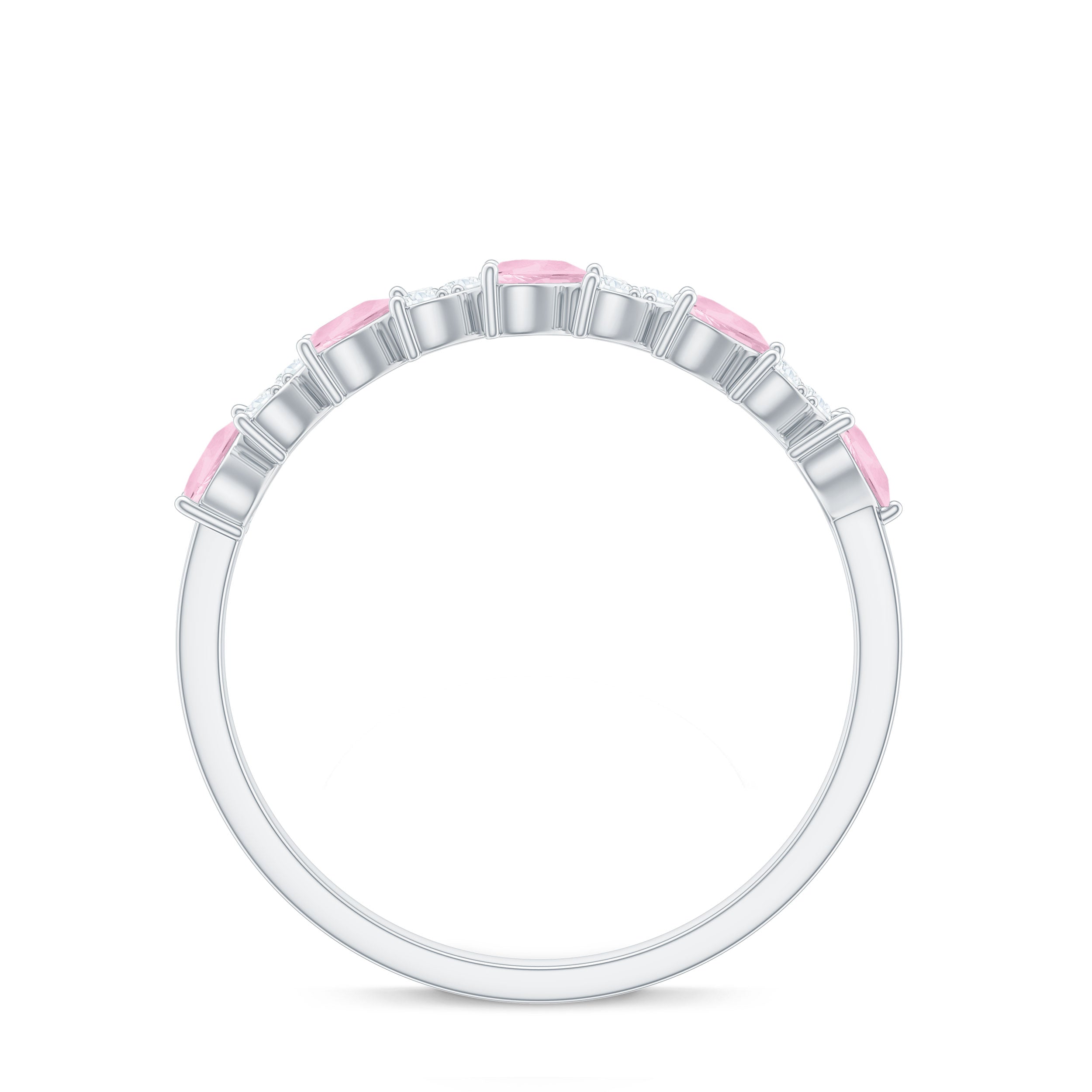 Half Eternity Ring with Rose Quartz and Diamond Rose Quartz - ( AAA ) - Quality - Rosec Jewels