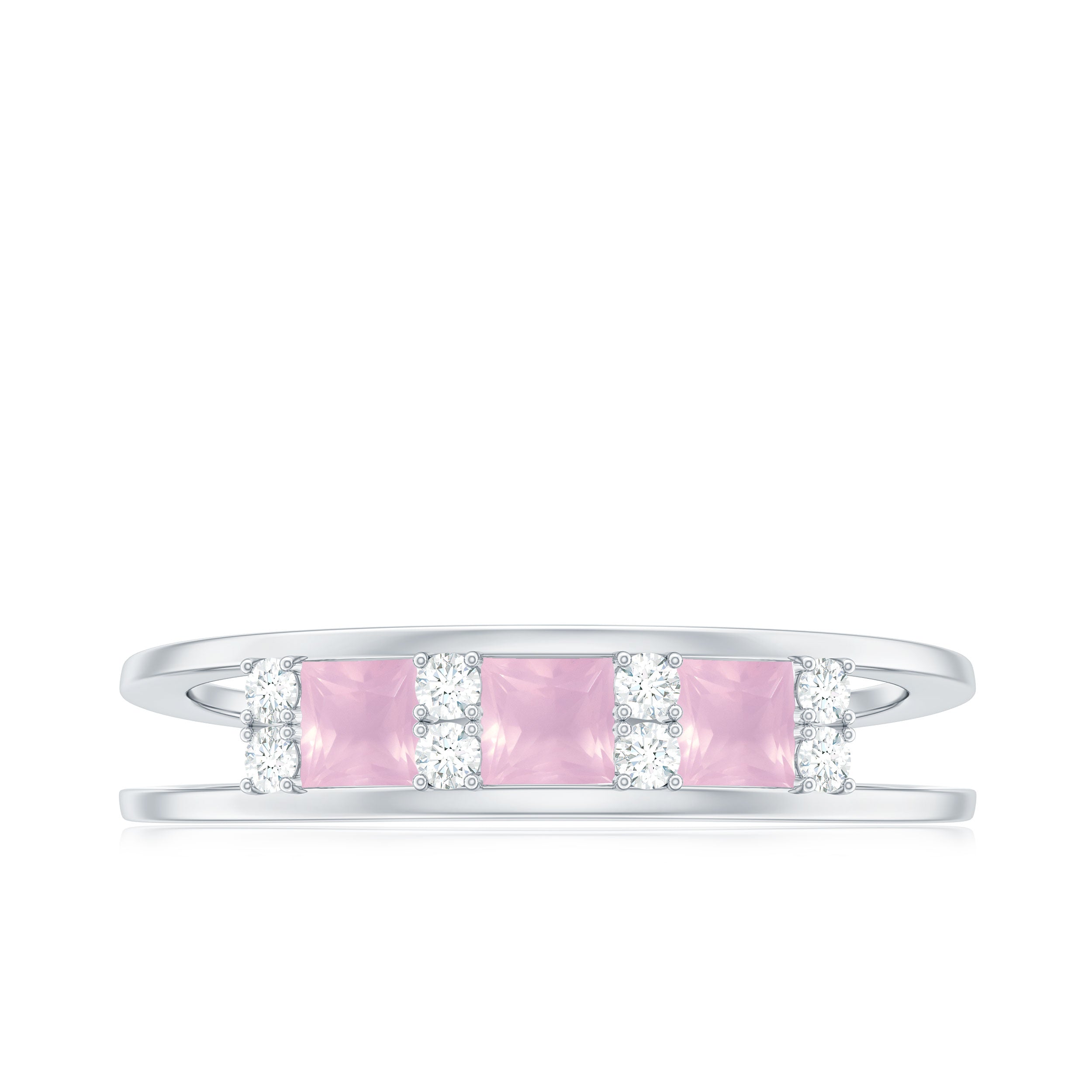 Princess Cut Rose Quartz and Diamond Band Ring Rose Quartz - ( AAA ) - Quality - Rosec Jewels