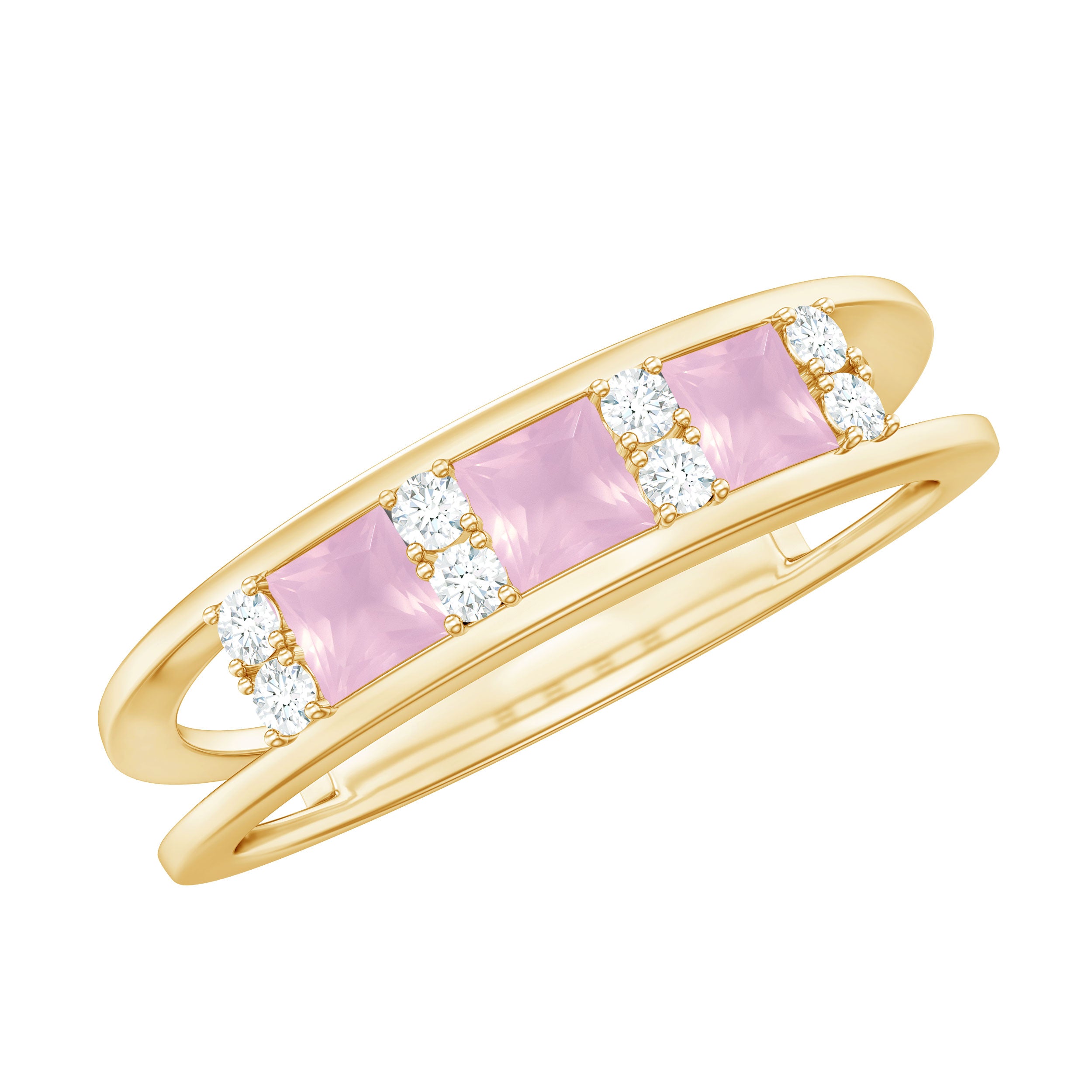 Princess Cut Rose Quartz and Diamond Band Ring Rose Quartz - ( AAA ) - Quality - Rosec Jewels