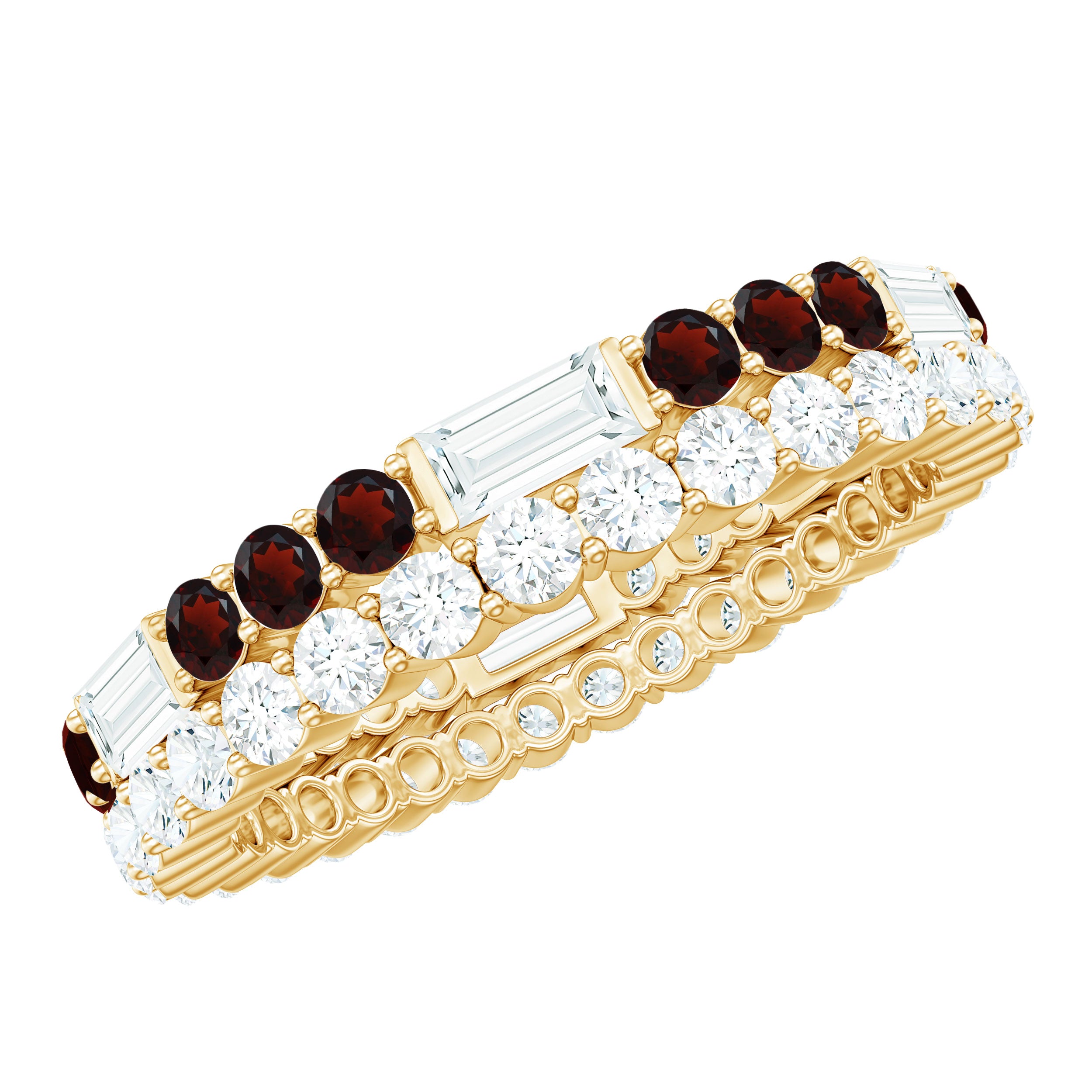 Natural Garnet and Moissanite Two Row Eternity Ring Garnet - ( AAA ) - Quality - Rosec Jewels