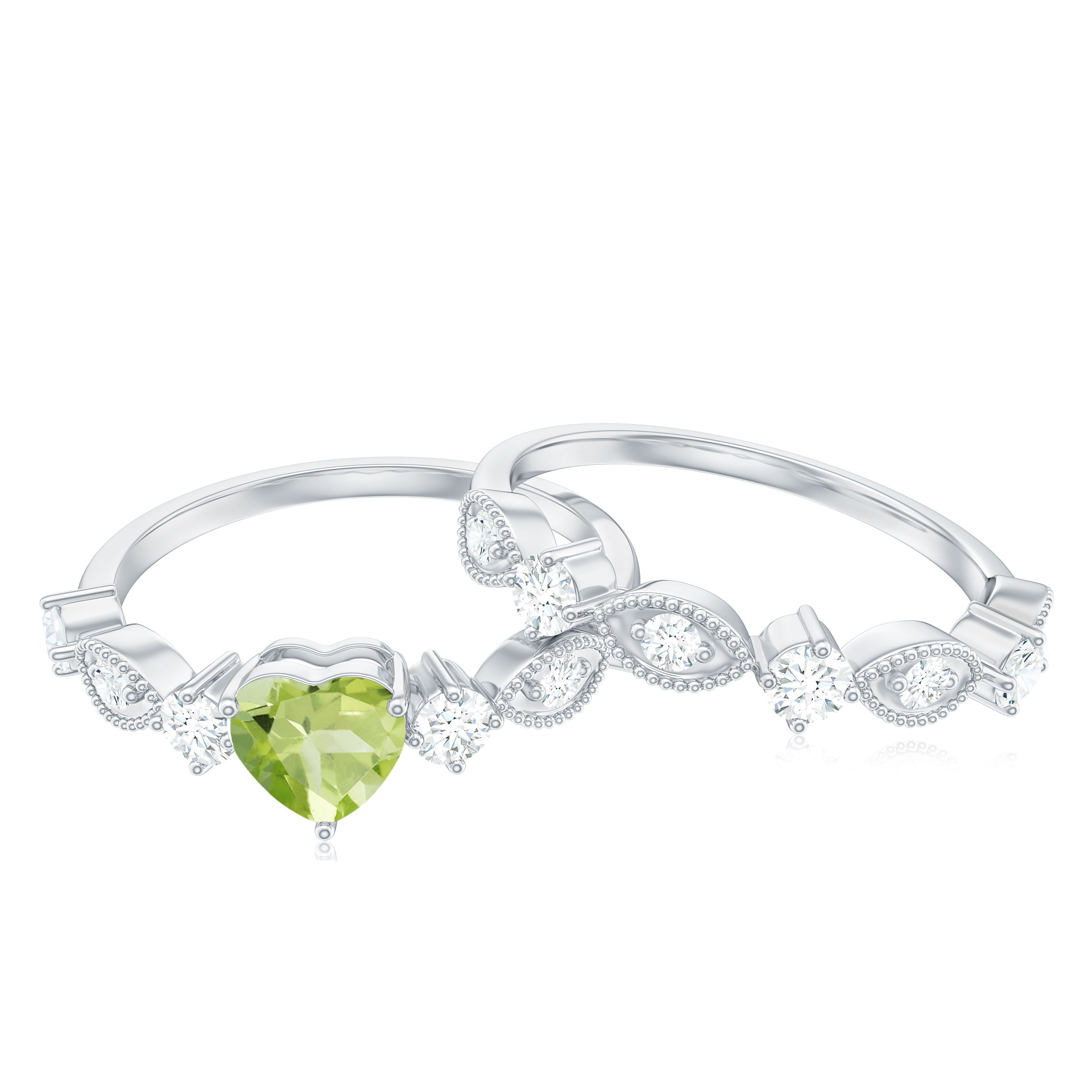 Heart Shape Peridot Ring Set with Moissanite Peridot - ( AAA ) - Quality - Rosec Jewels