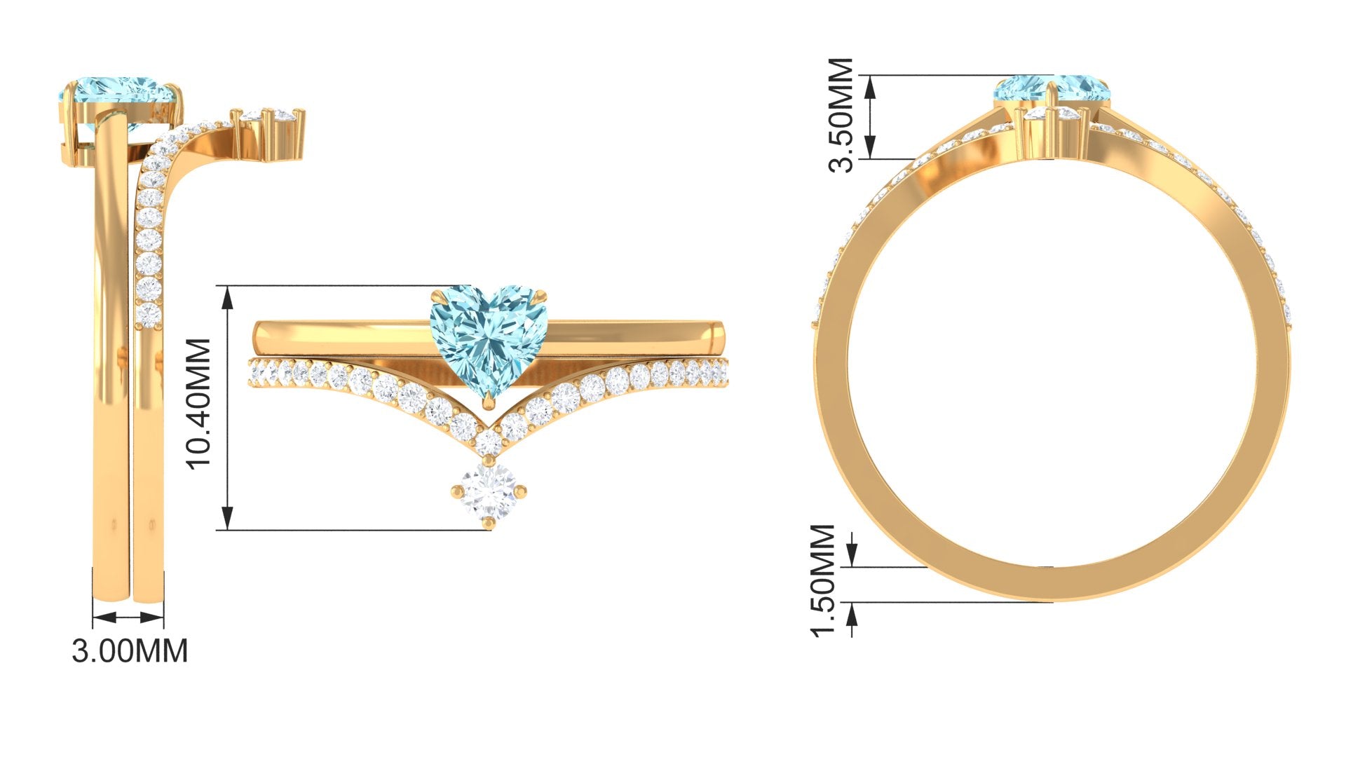 Real Aquamarine Heart Ring Set with Diamond Aquamarine - ( AAA ) - Quality - Rosec Jewels