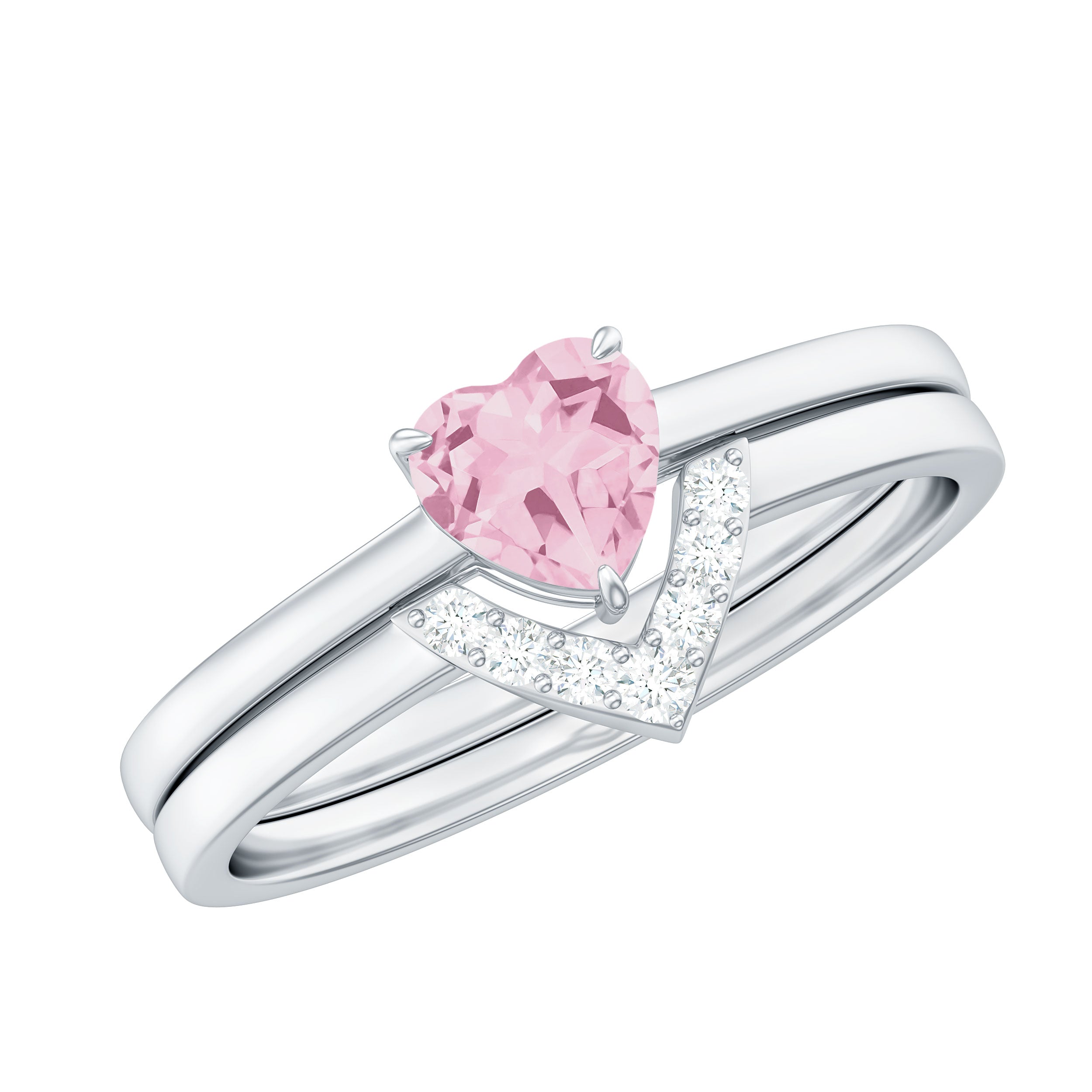 Heart Shape Rose Quartz Wedding Ring Set with Diamond Rose Quartz - ( AAA ) - Quality - Rosec Jewels