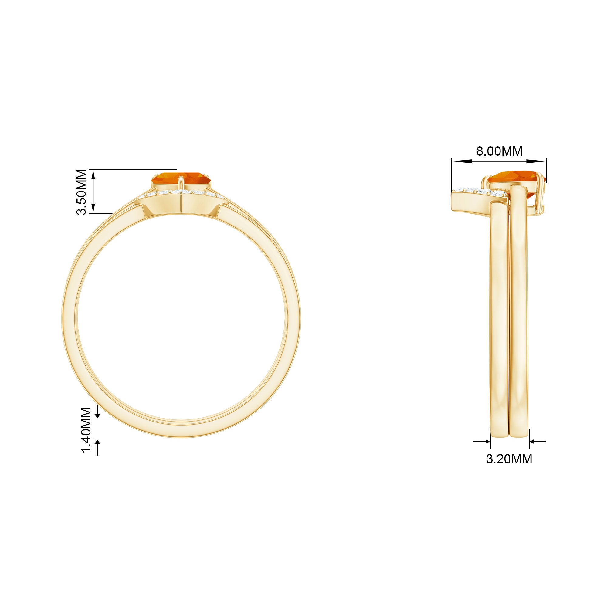 Natural Fire Opal Heart Solitaire Ring Set with Diamond Band Fire Opal - ( AAA ) - Quality - Rosec Jewels