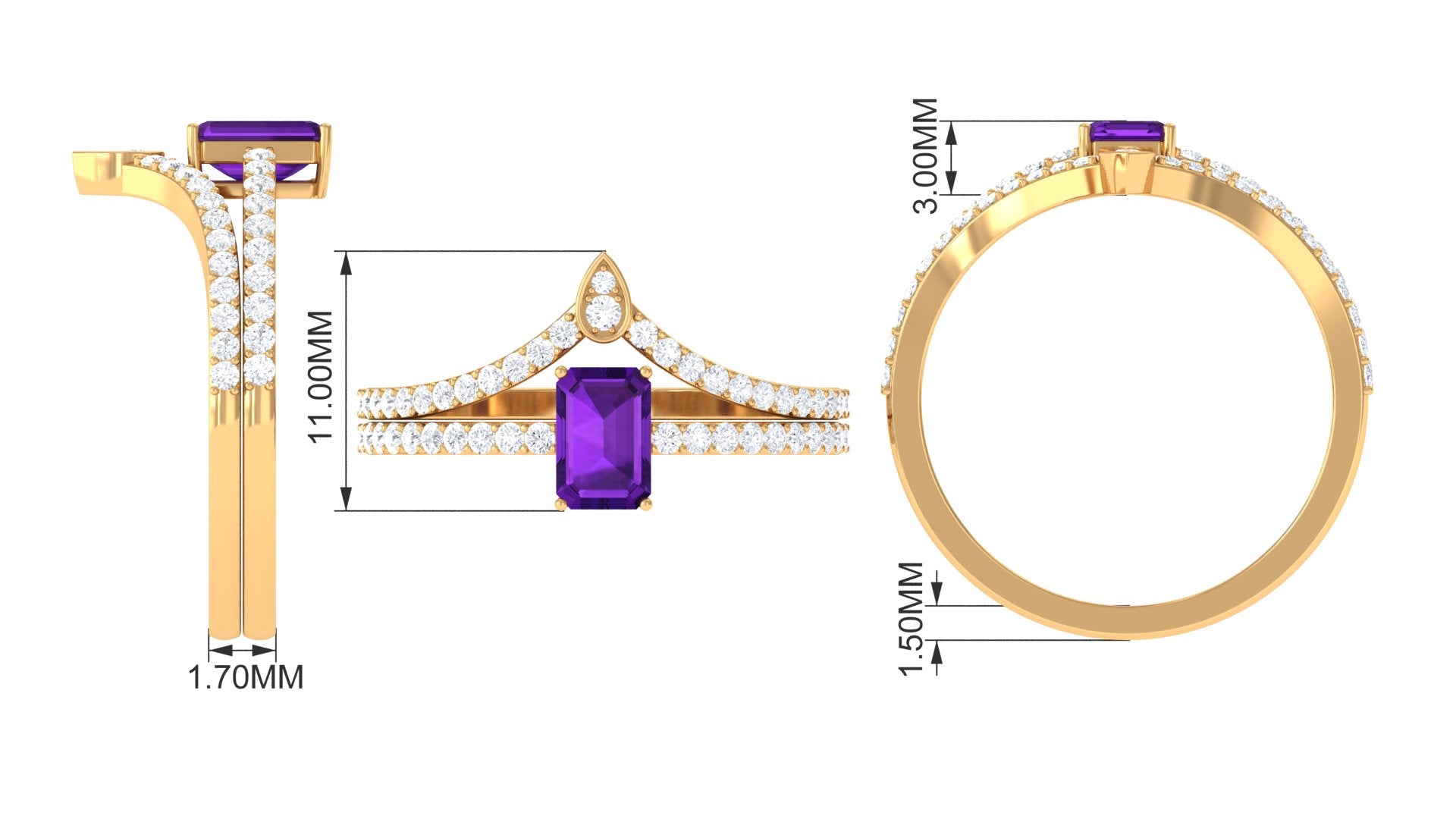 Emerald Cut Amethyst and Diamond Ring Set Amethyst - ( AAA ) - Quality - Rosec Jewels