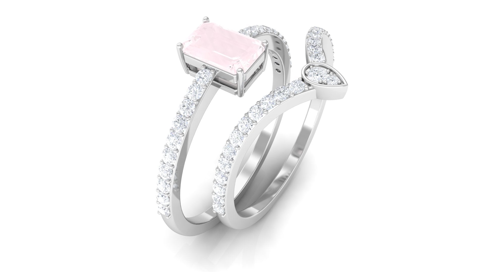 Emerald Cut Rose Quartz Solitaire Wedding Ring Set with Diamond Stackable Band Rose Quartz - ( AAA ) - Quality - Rosec Jewels