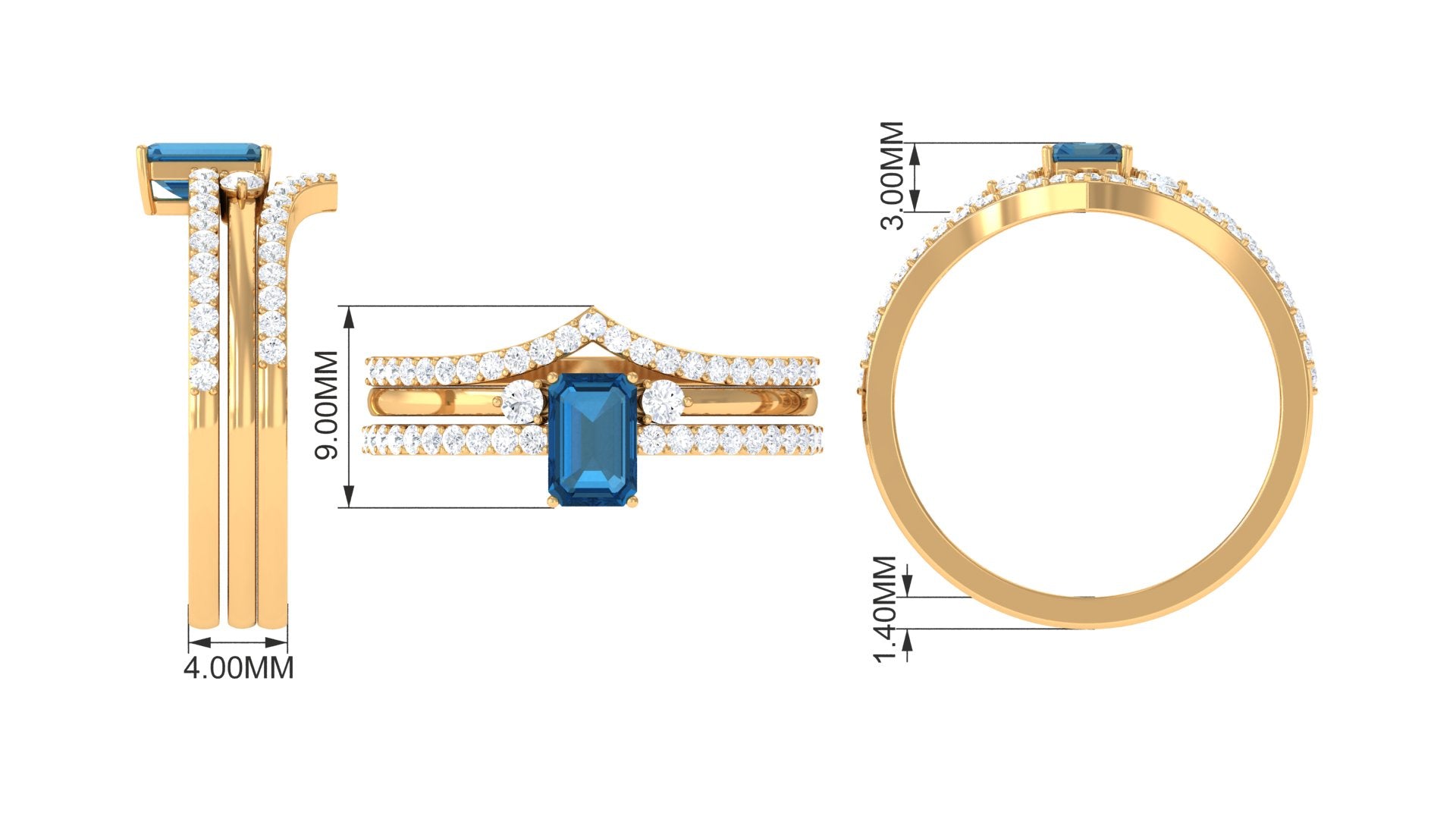 Emerald Cut Solitaire London Blue Topaz and Diamond Ring Set of 3 London Blue Topaz - ( AAA ) - Quality - Rosec Jewels