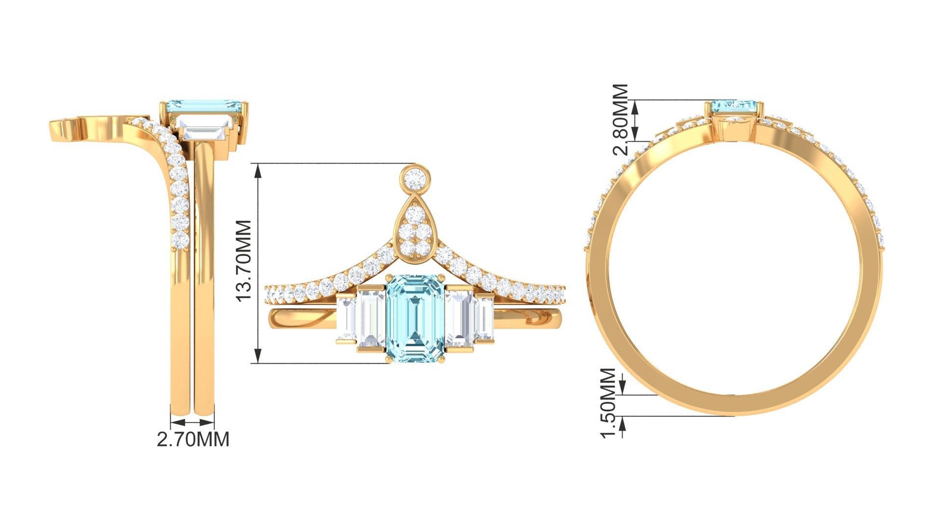 Real Aquamarine and Moissanite Stackable Ring Set Aquamarine - ( AAA ) - Quality - Rosec Jewels