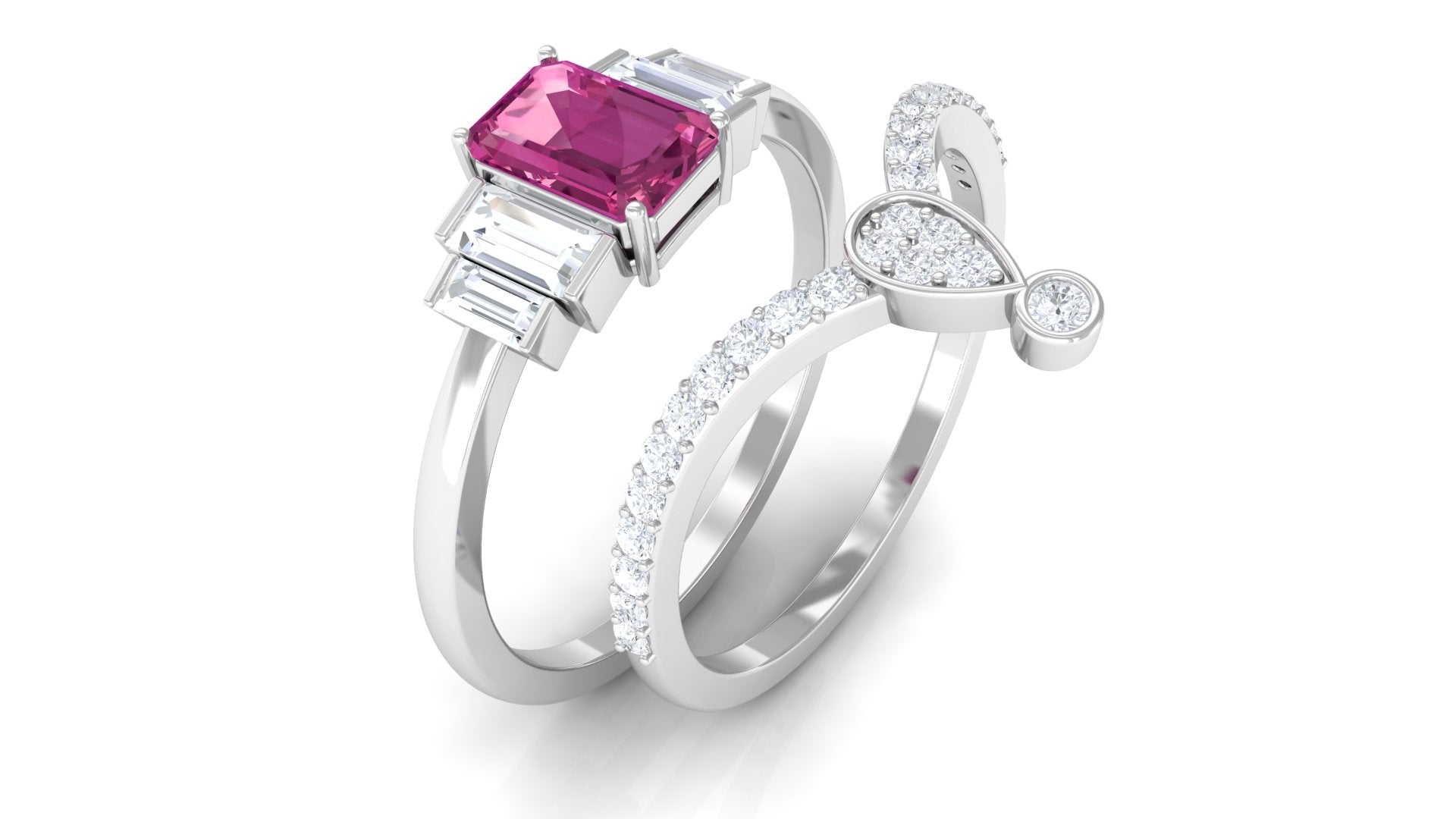 Pink Tourmaline Stackable Ring Set with Moissanite Pink Tourmaline - ( AAA ) - Quality - Rosec Jewels