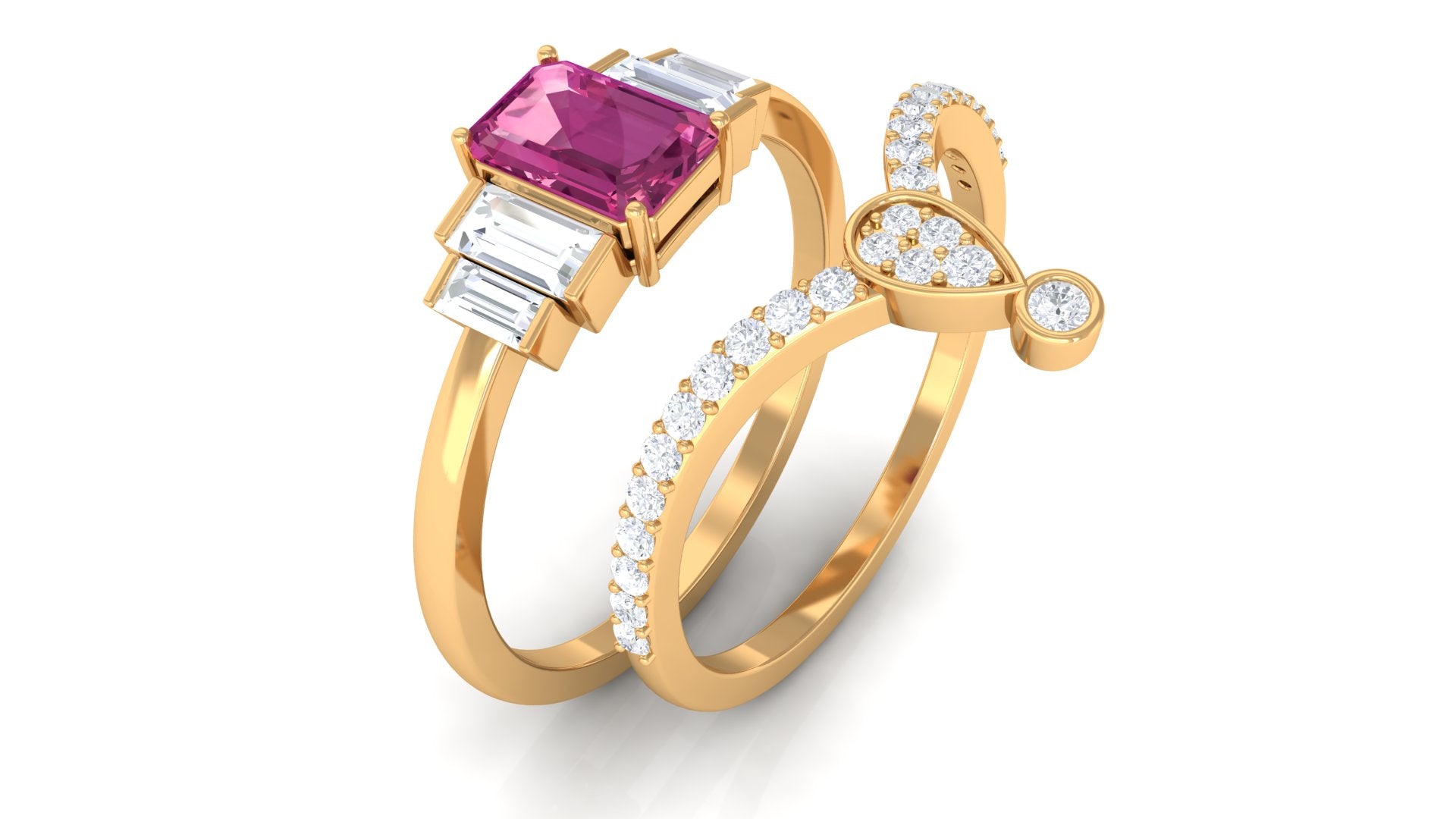 Pink Tourmaline Stackable Ring Set with Moissanite Pink Tourmaline - ( AAA ) - Quality - Rosec Jewels