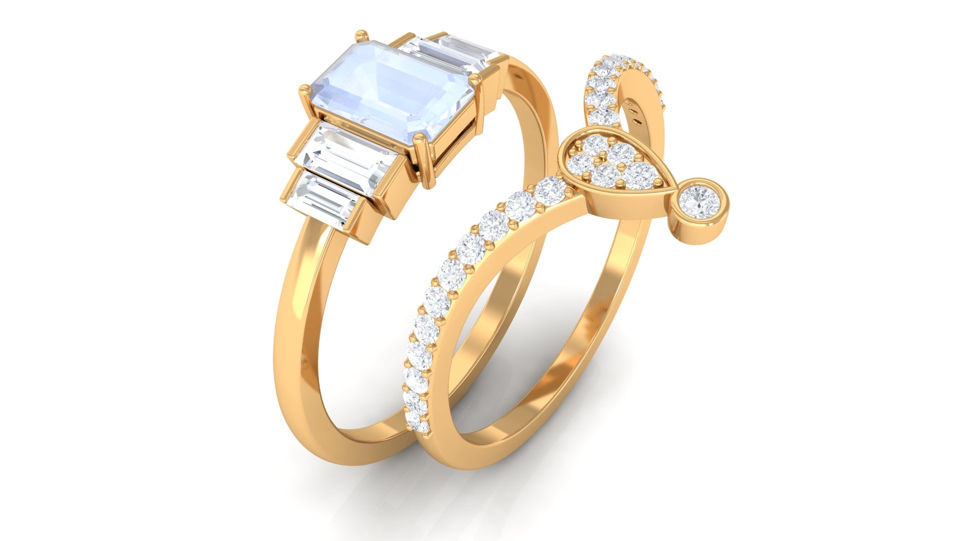 Real Moonstone and Moissanite Stackable Ring Set Moonstone - ( AAA ) - Quality - Rosec Jewels