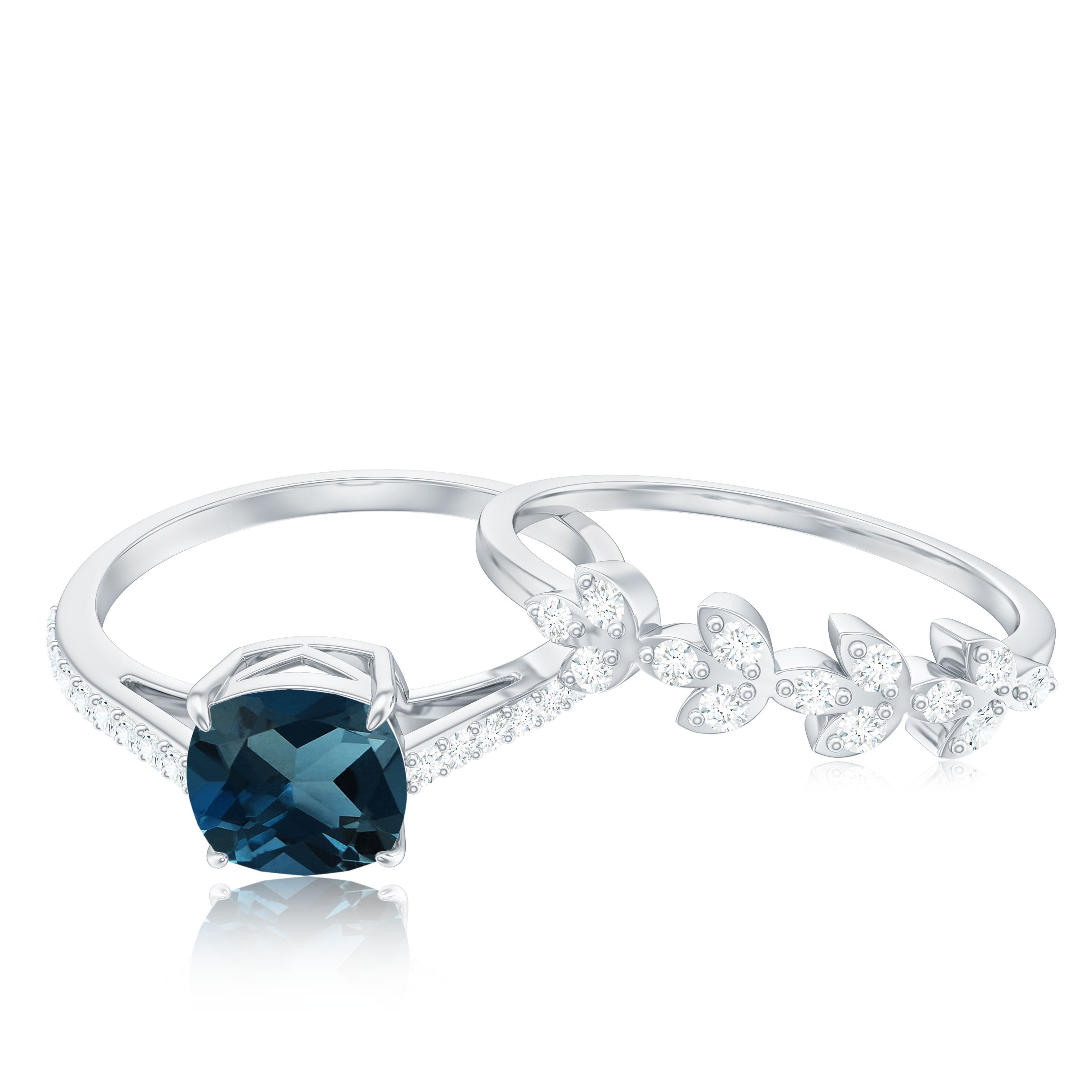 Cushion Cut London Blue Topaz Solitaire Ring Set with Diamond Stackable Band London Blue Topaz - ( AAA ) - Quality - Rosec Jewels