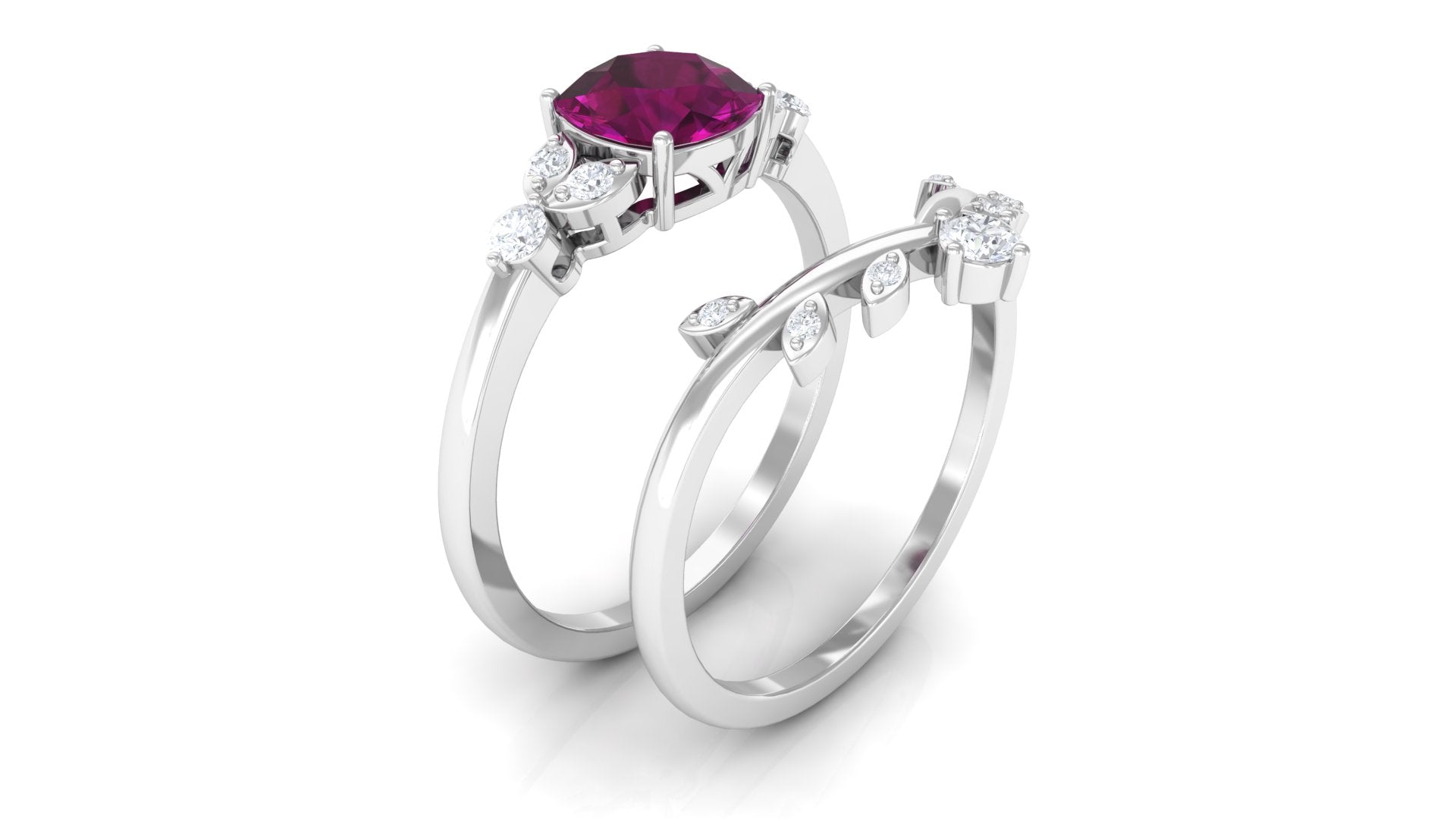 1.75 CT Rhodolite and Diamond Ring Set with Leaf Motif Rhodolite - ( AAA ) - Quality - Rosec Jewels