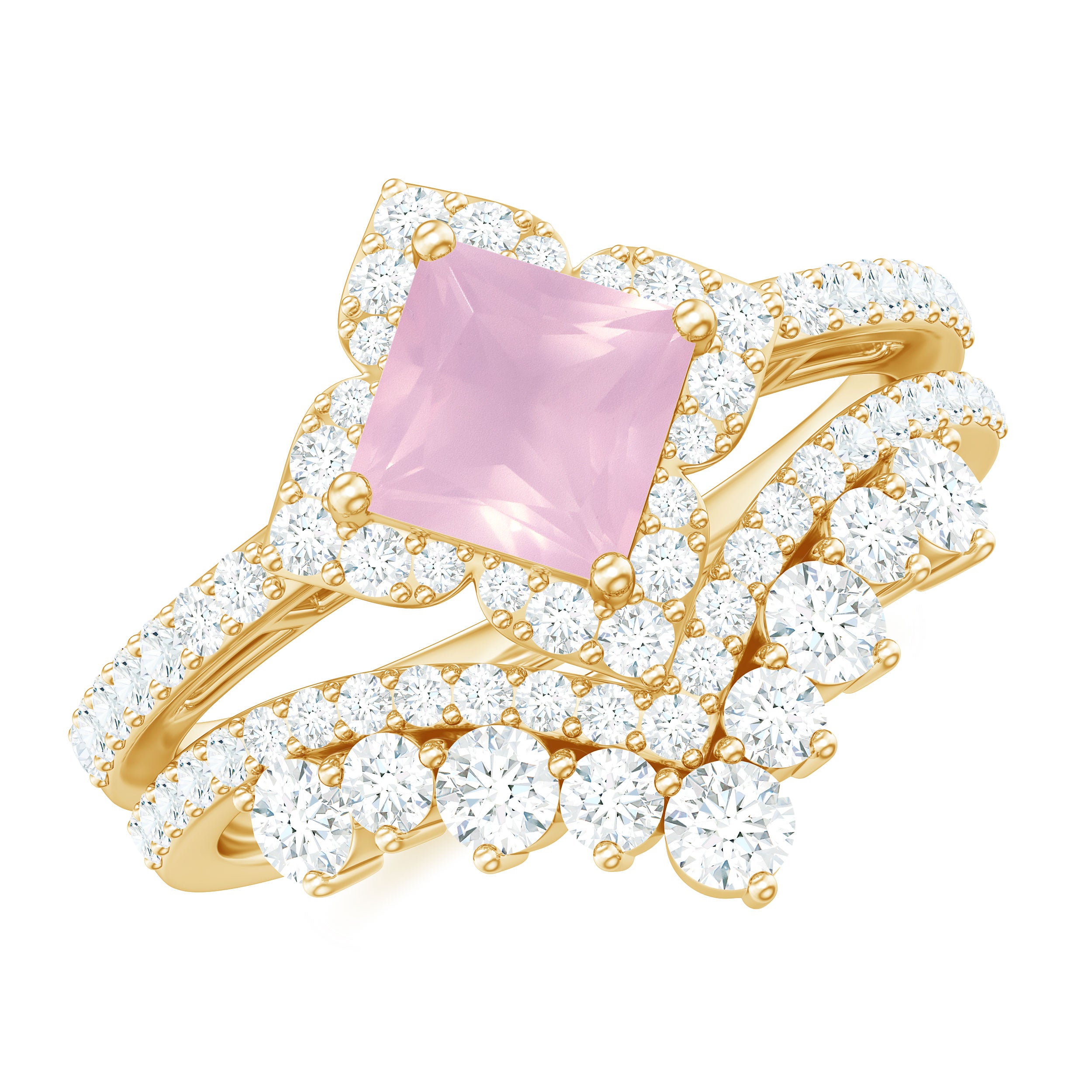 Rose Quartz and Moissanite Statement Wedding Ring Set Rose Quartz - ( AAA ) - Quality - Rosec Jewels