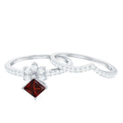 Princess Cut Garnet and Diamond Flower Ring Set Garnet - ( AAA ) - Quality - Rosec Jewels